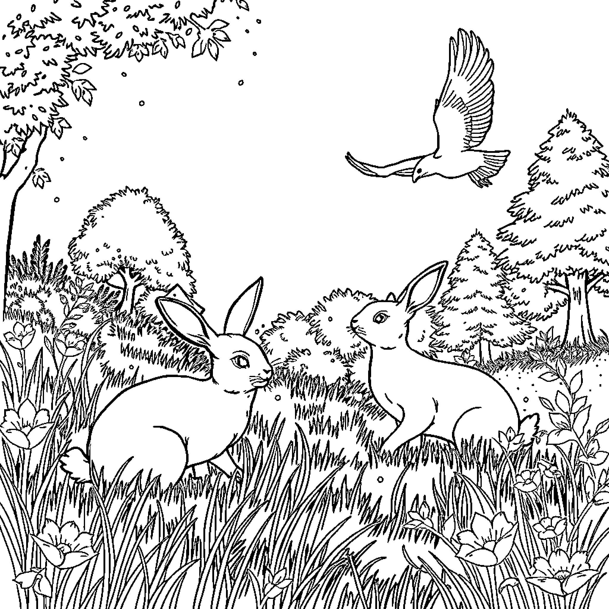 Nature's Serene Meadow: Rabbits and Wildlife Coloring Page (free black-and-white line drawing printable PDF for all, from beginners to advanced learners, including children, teens, adults, and seniors)
