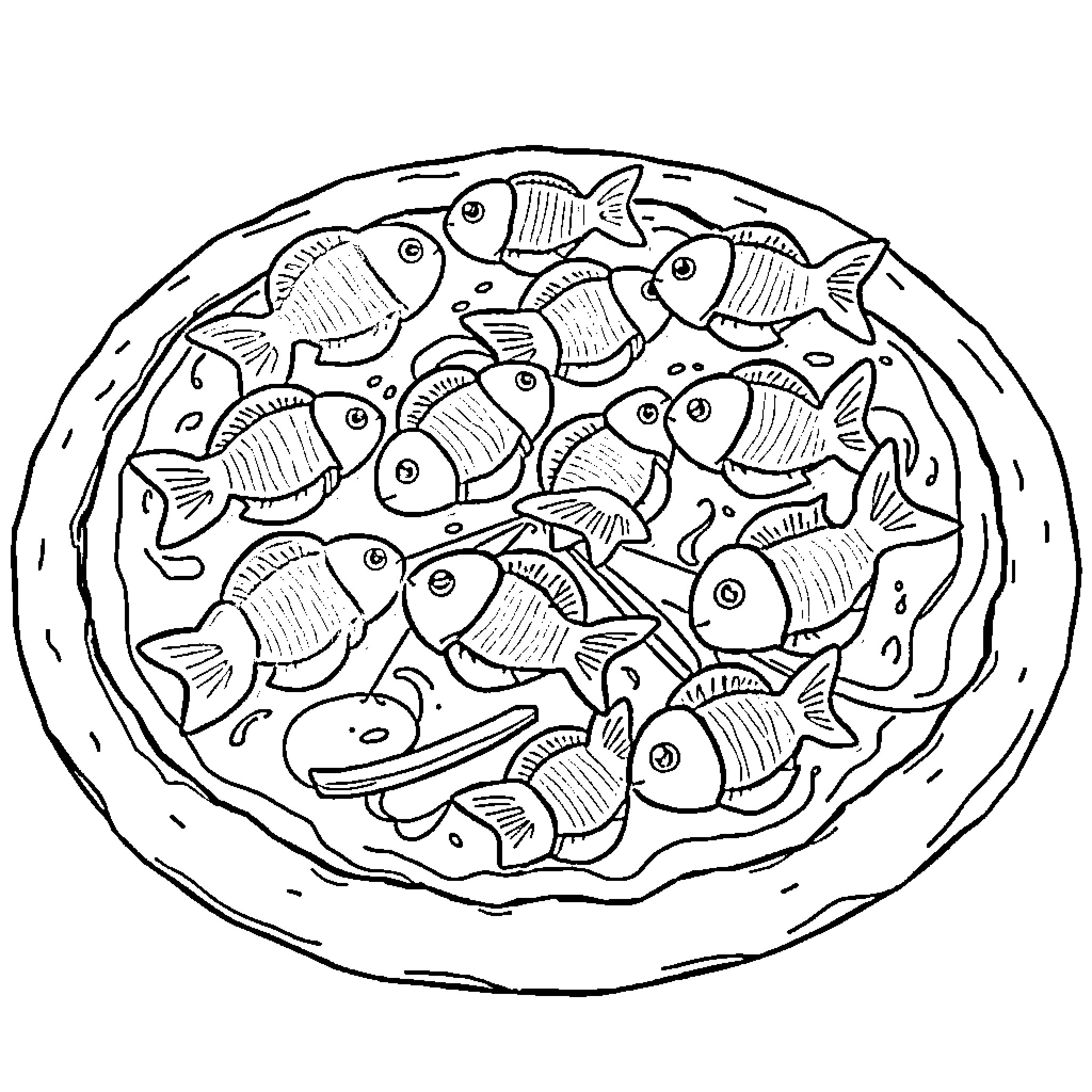 Goldfish swimming happily in an underwater scene Coloring Page (free black-and-white line drawing printable PDF for all, from beginners to advanced learners, including children, teens, adults, and seniors)
