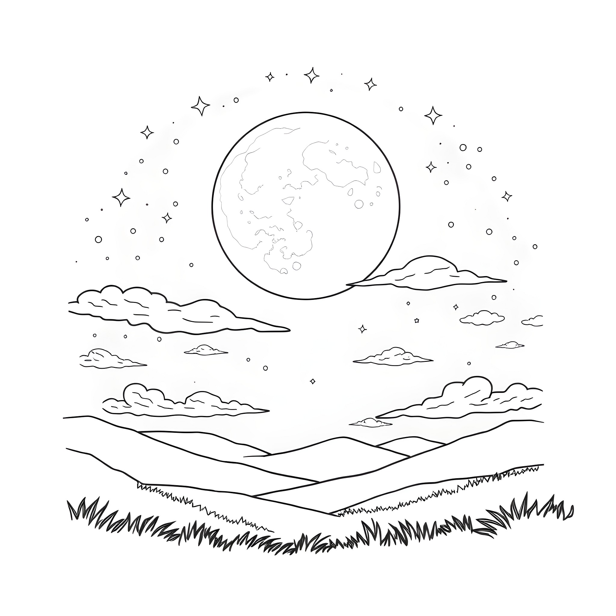 Full Moon Shining Over Starry Landscape Coloring Page (free black-and-white line drawing printable PDF for all, from beginners to advanced learners, including children, teens, adults, and seniors)