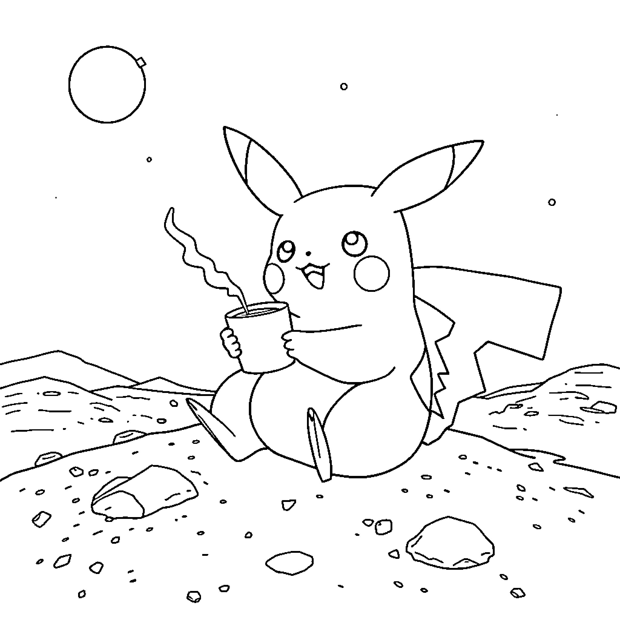 Pikachu enjoying a refreshing beverage in the outdoors Coloring Page (free black-and-white line drawing printable PDF for all, from beginners to advanced learners, including children, teens, adults, and seniors)