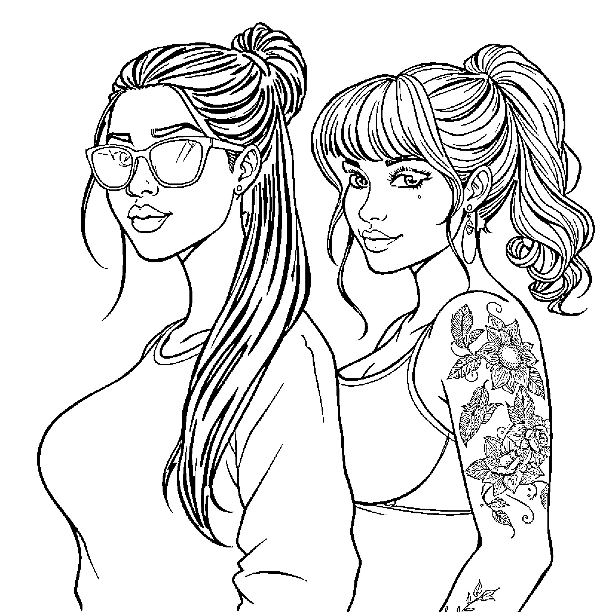 Woman with glasses and woman with floral tattoo Coloring Page (free black-and-white line drawing printable PDF for all, from beginners to advanced learners, including children, teens, adults, and seniors)