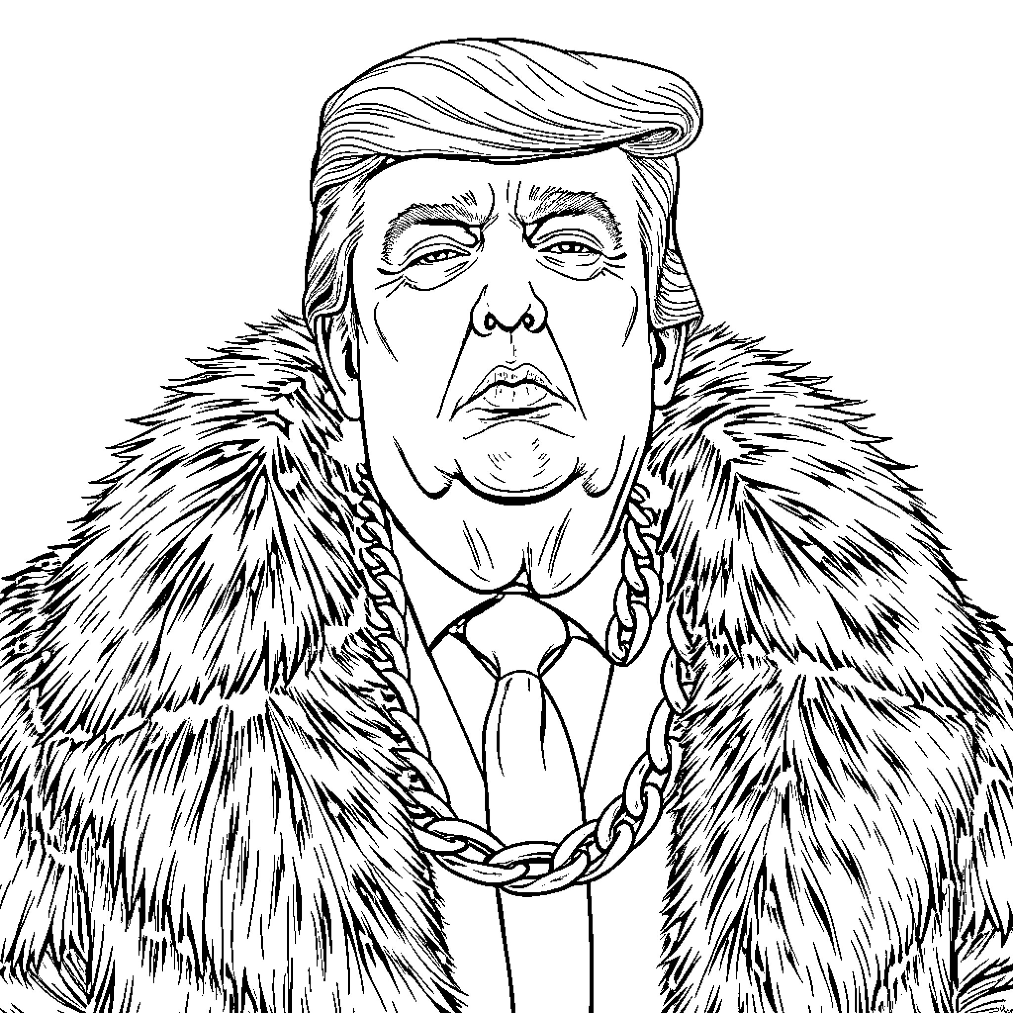 Trump in Fur Coat and Pensive Expression Coloring Page (free black-and-white line drawing printable PDF for all, from beginners to advanced learners, including children, teens, adults, and seniors)