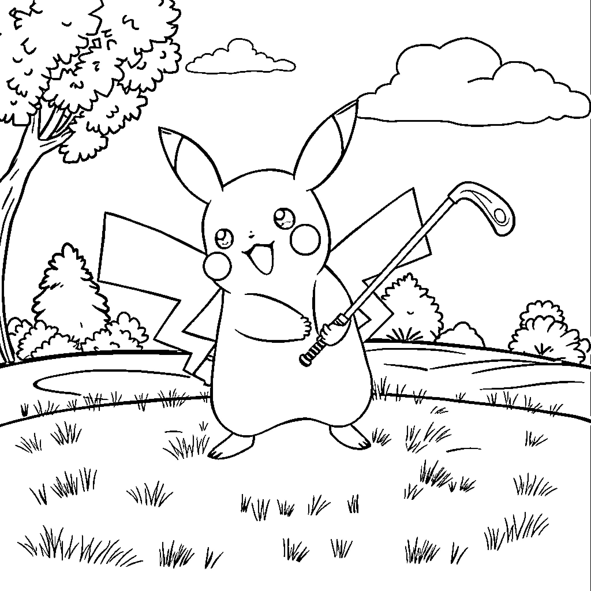 Pikachu exploring the outdoors happily Coloring Page (free black-and-white line drawing printable PDF for all, from beginners to advanced learners, including children, teens, adults, and seniors)