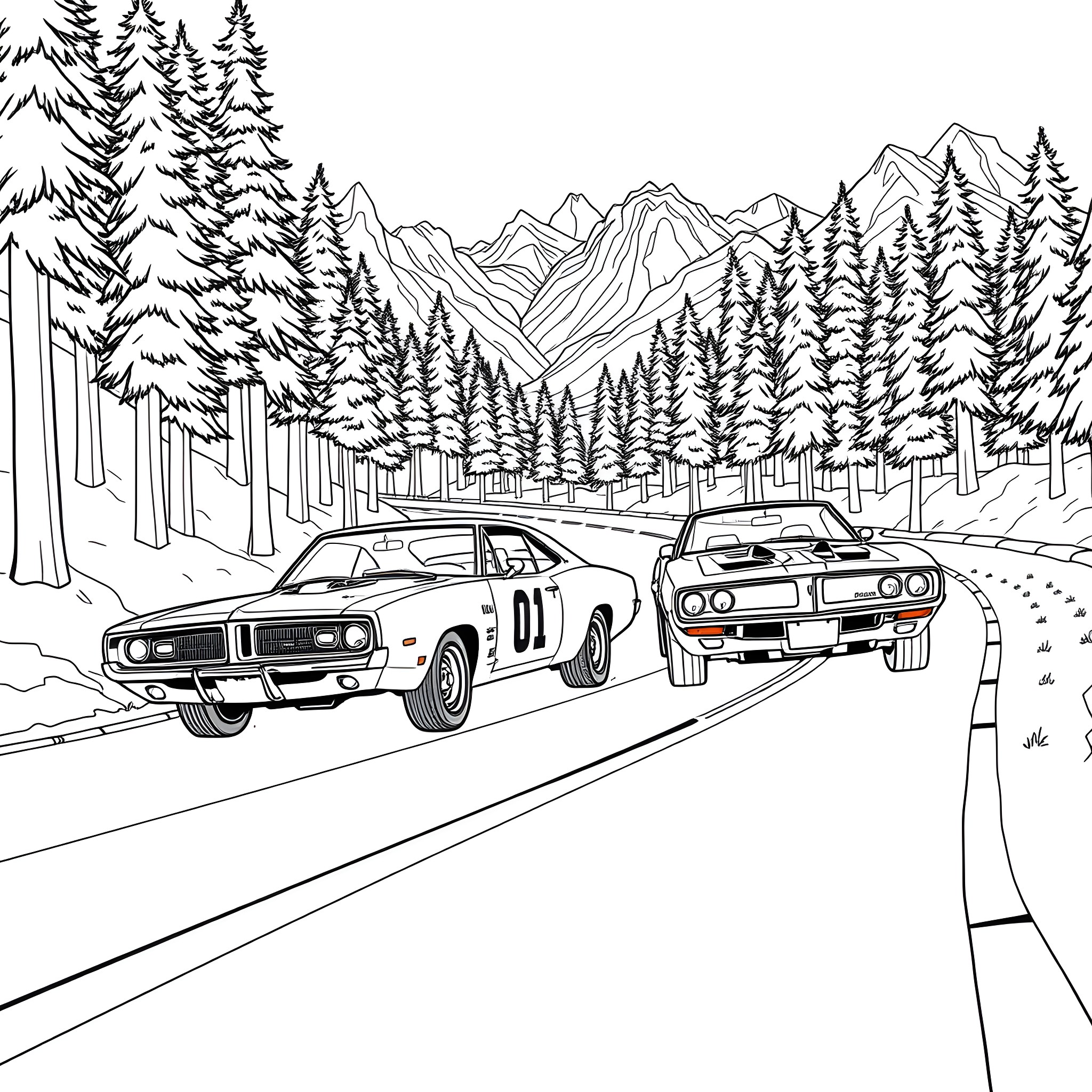 Cars racing through snowy mountain landscape Coloring Page (free black-and-white line drawing printable PDF for all, from beginners to advanced learners, including children, teens, adults, and seniors)