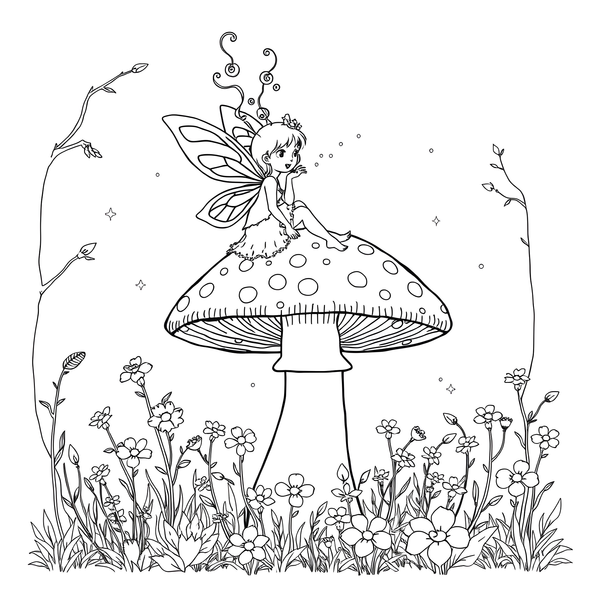 Fairy resting on a magical mushroom in a whimsical forest Coloring Page (free black-and-white line drawing printable PDF for all, from beginners to advanced learners, including children, teens, adults, and seniors)