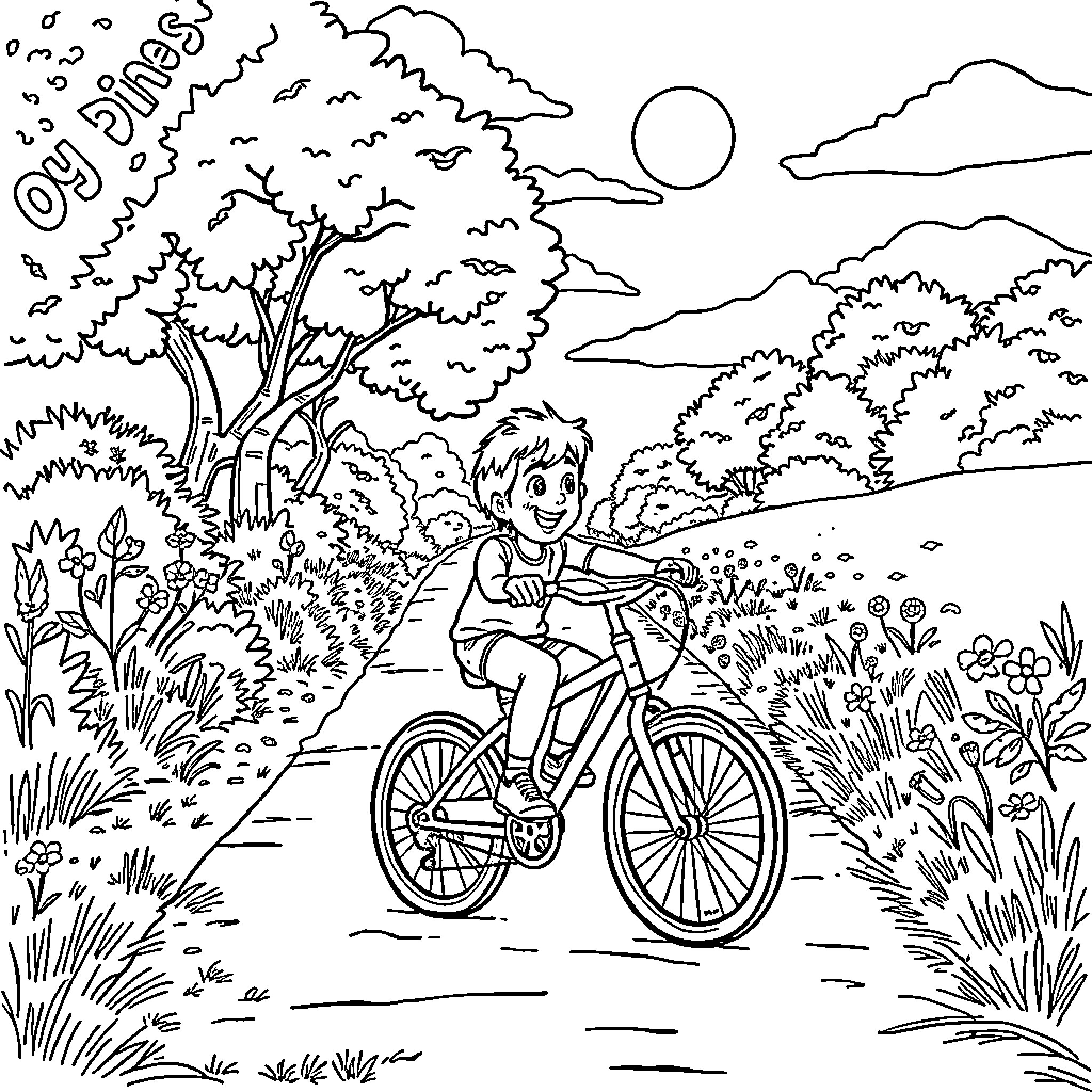 Boy riding bike through nature landscape Coloring Page (free black-and-white line drawing printable PDF for all, from beginners to advanced learners, including children, teens, adults, and seniors)