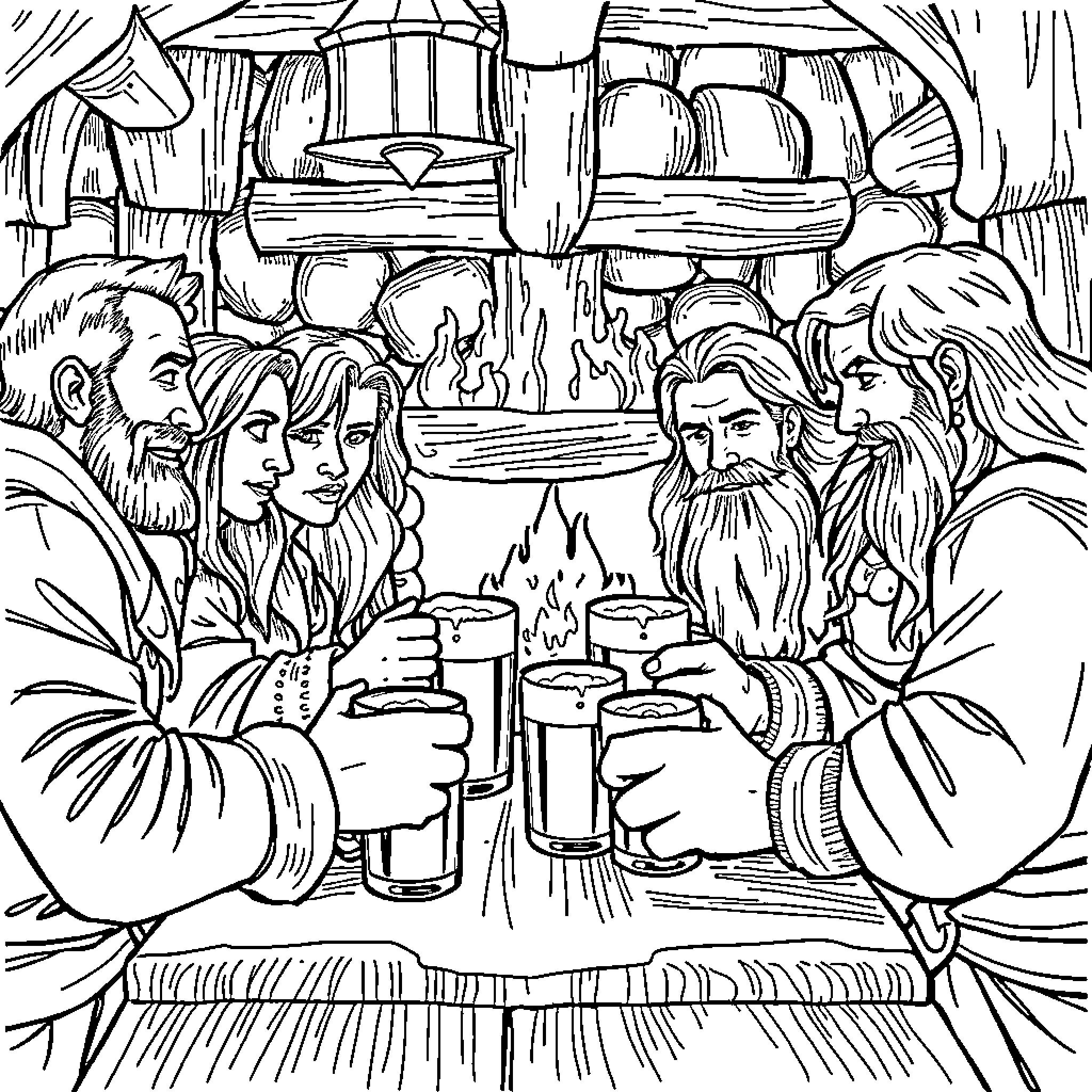 Fellowship of friends sharing a meal by the fireplace Coloring Page (free black-and-white line drawing printable PDF for all, from beginners to advanced learners, including children, teens, adults, and seniors)