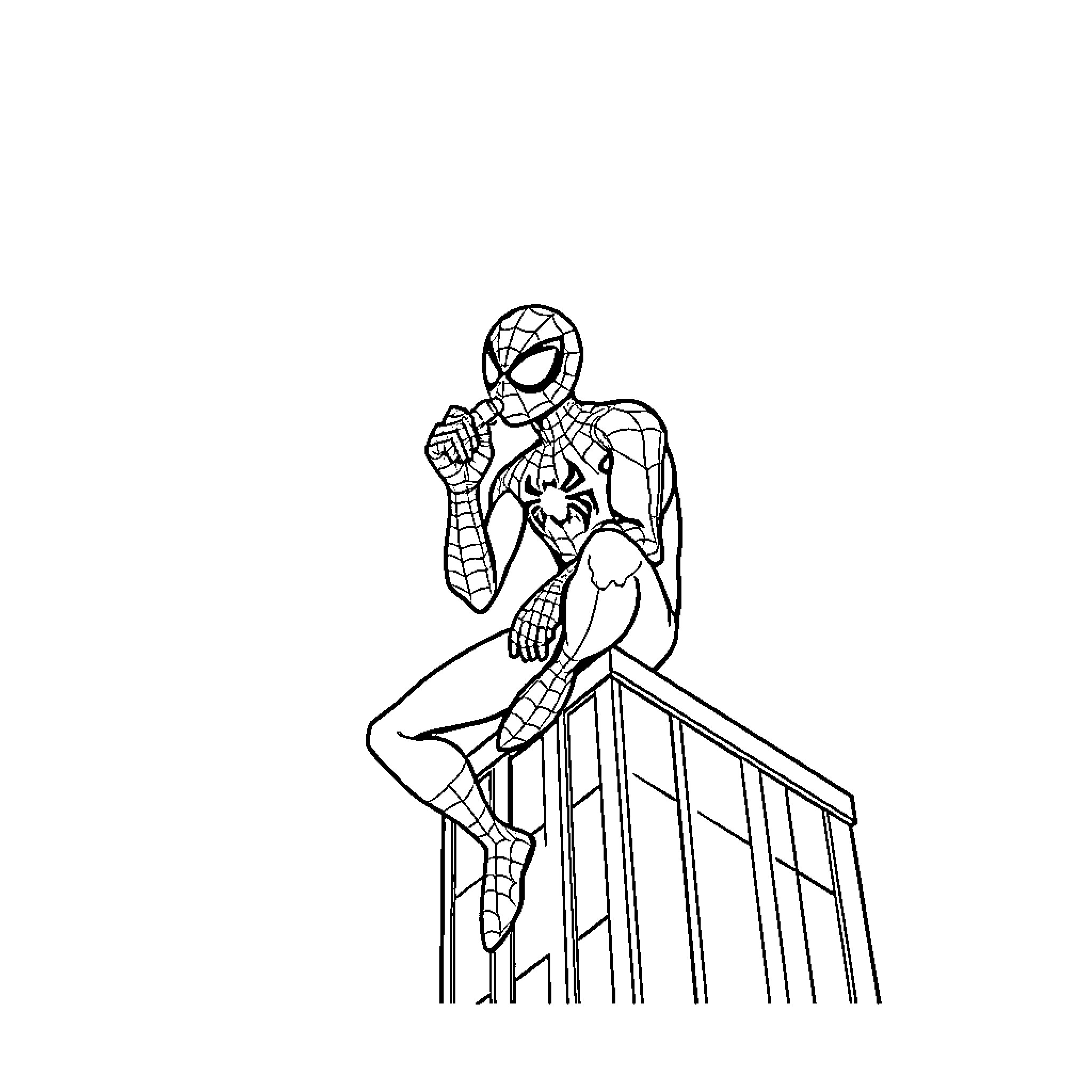 Spider-Man perched on a rooftop Coloring Page (free black-and-white line drawing printable PDF for all, from beginners to advanced learners, including children, teens, adults, and seniors)