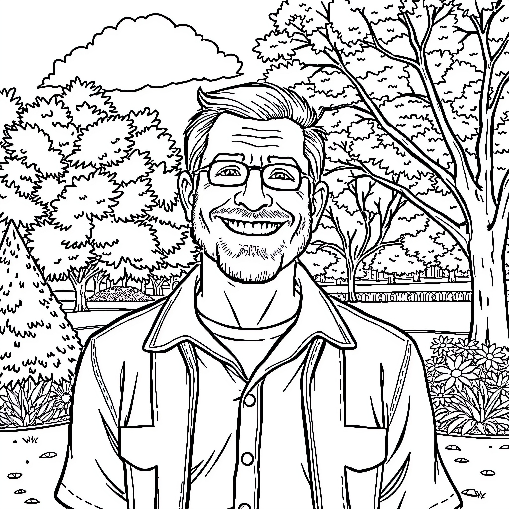 Mike Smiling Happily in the Outdoor Garden Coloring Page (free black-and-white line drawing printable PDF for all, from beginners to advanced learners, including children, teens, adults, and seniors)