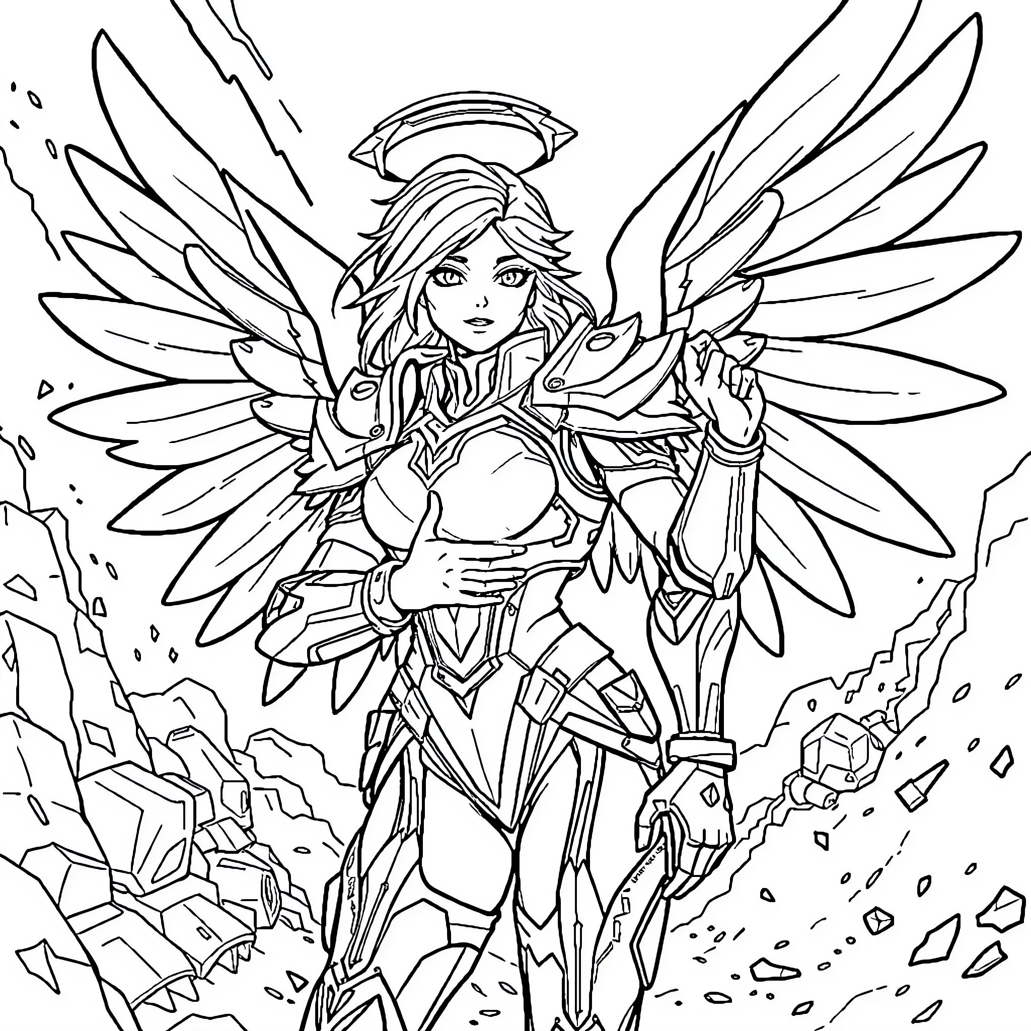 Mercy's Angelic Warrior Coloring Page (free black-and-white line drawing printable PDF for all, from beginners to advanced learners, including children, teens, adults, and seniors)
