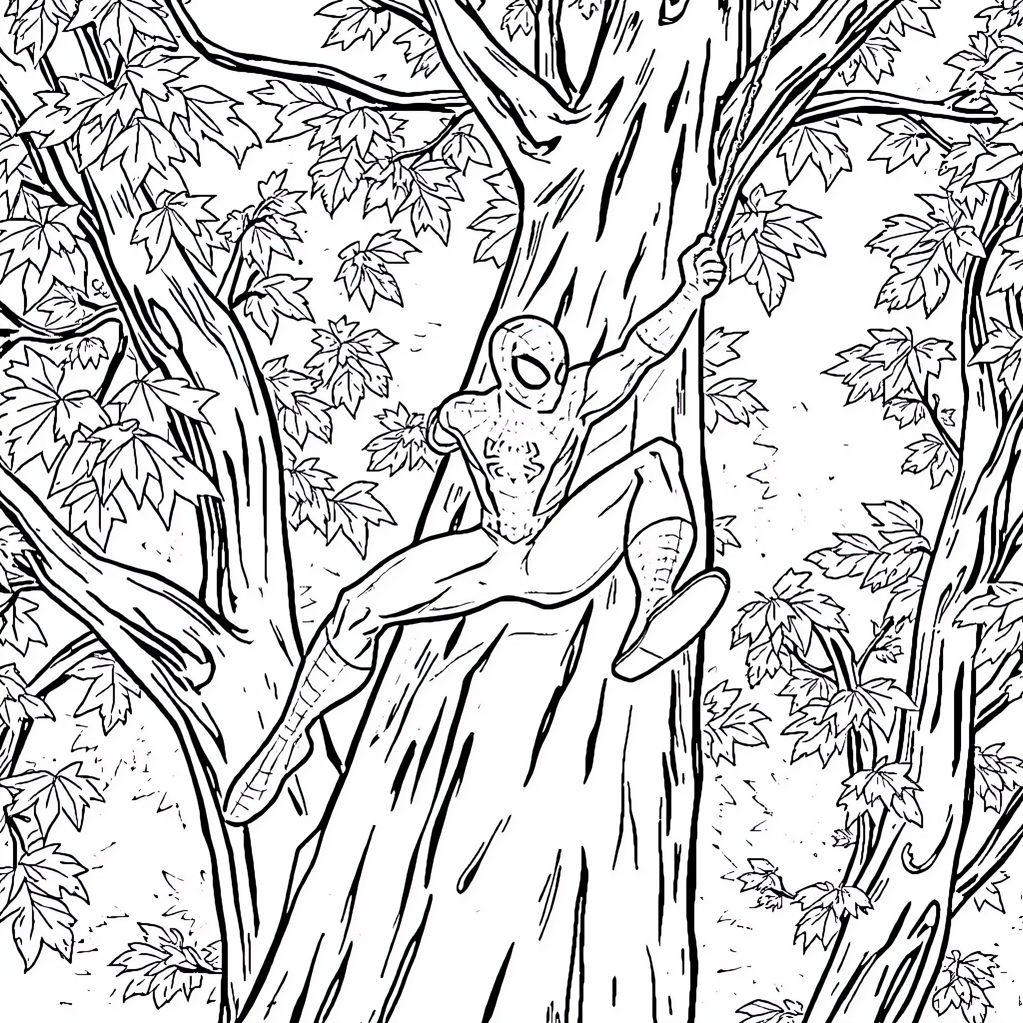 Spider-Man swinging through the forest Coloring Page (free black-and-white line drawing printable PDF for all, from beginners to advanced learners, including children, teens, adults, and seniors)