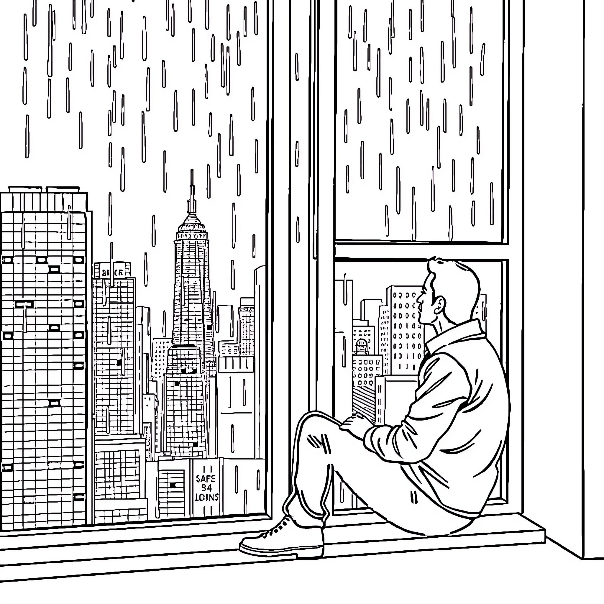 Man contemplating the city skyline from window Coloring Page (free black-and-white line drawing printable PDF for all, from beginners to advanced learners, including children, teens, adults, and seniors)