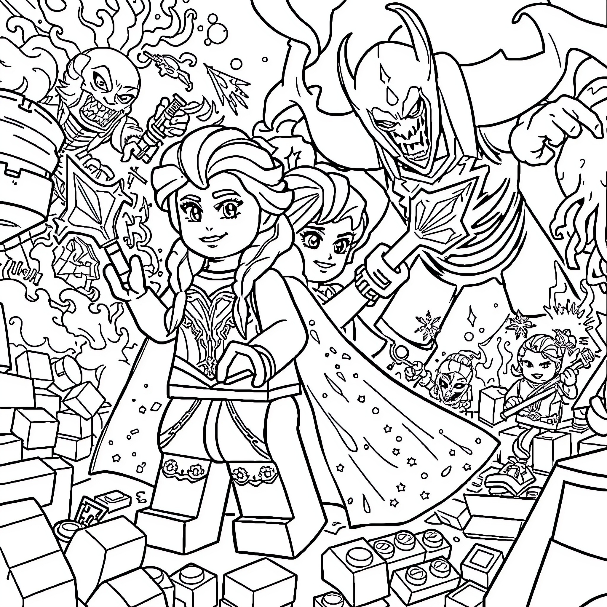 Disney Princess Adventure in a Fantasy World Coloring Page (free black-and-white line drawing printable PDF for all, from beginners to advanced learners, including children, teens, adults, and seniors)