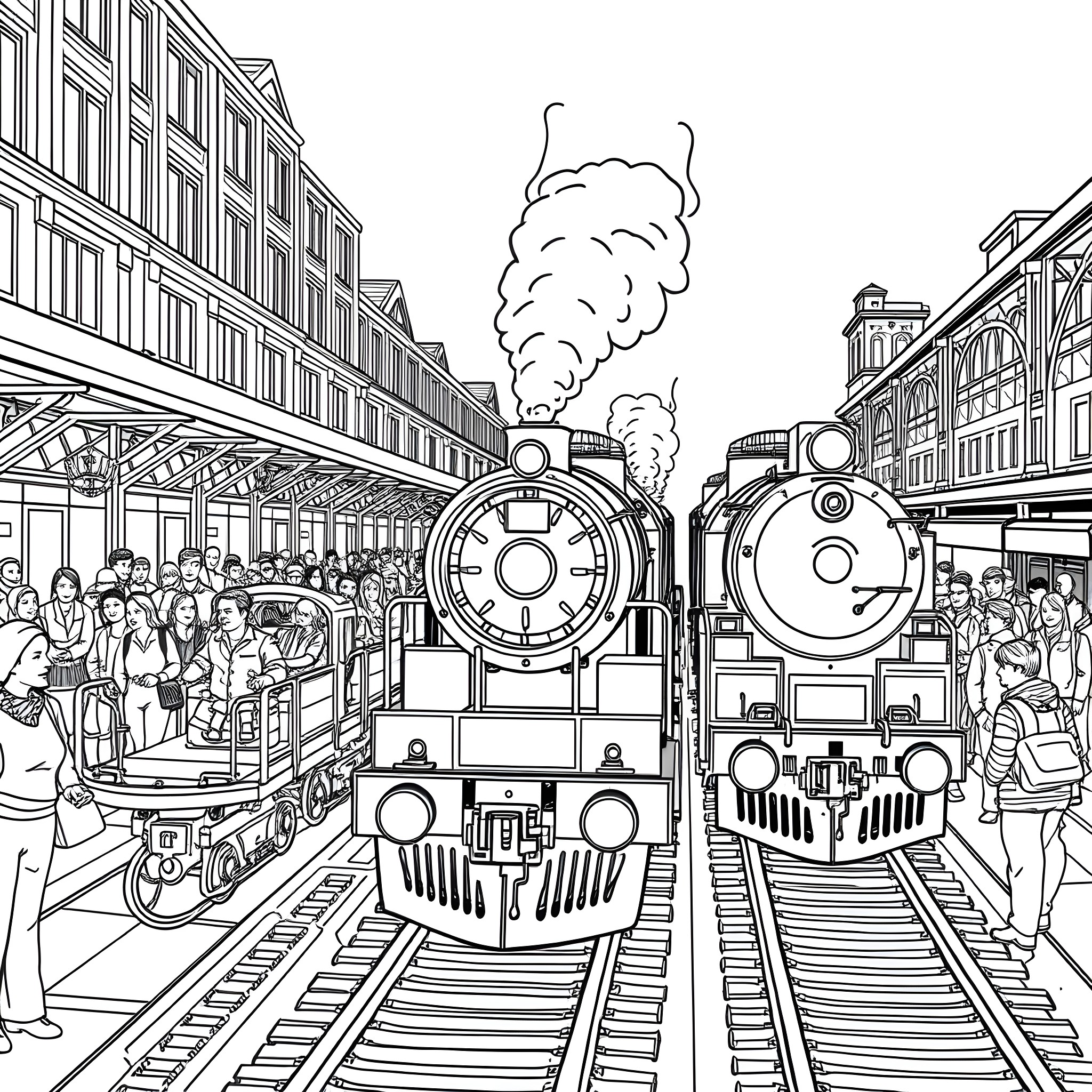 Train Station with Bustling Crowds and Steam Locomotives Coloring Page (free black-and-white line drawing printable PDF for all, from beginners to advanced learners, including children, teens, adults, and seniors)