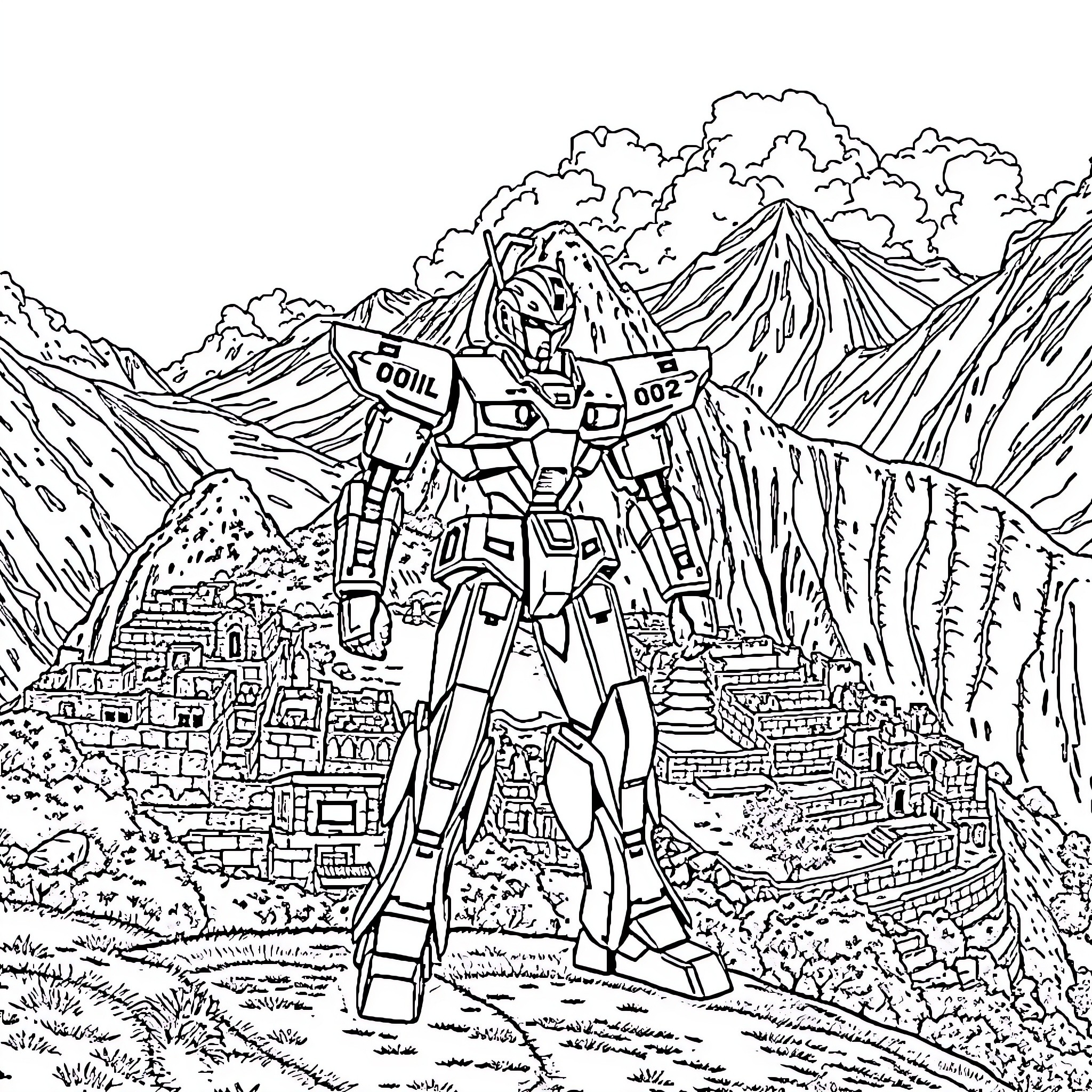 Evangelion Mecha Guardian Stands Tall in Mountainous Landscape Coloring Page (free black-and-white line drawing printable PDF for all, from beginners to advanced learners, including children, teens, adults, and seniors)