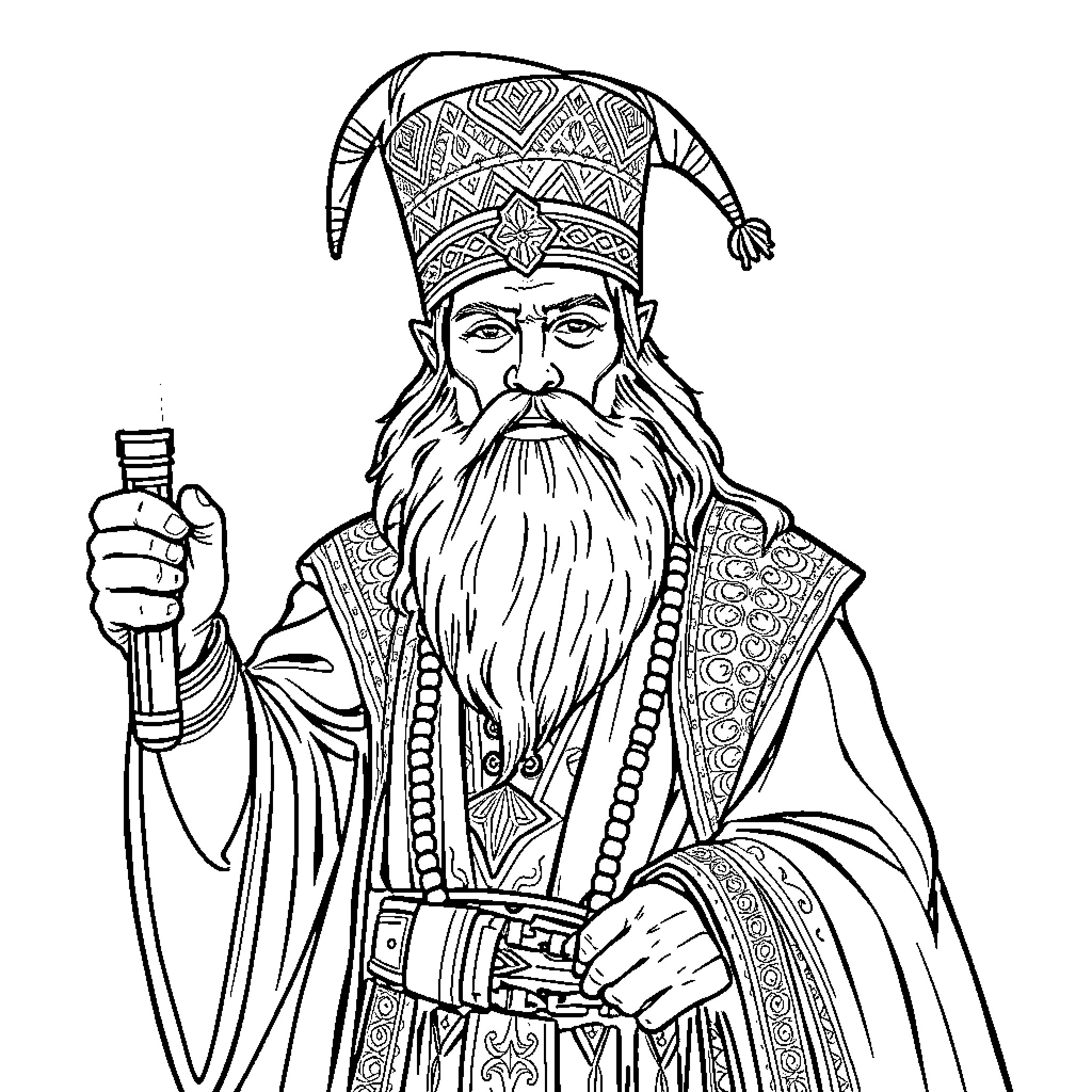 Wizard with ornate attire and magical staff Coloring Page (free black-and-white line drawing printable PDF for all, from beginners to advanced learners, including children, teens, adults, and seniors)