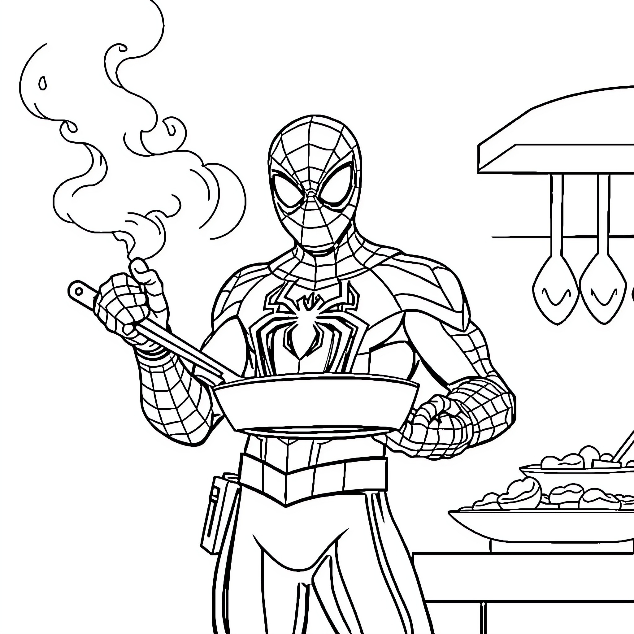 Spiderman cooking tasty treats in the kitchen Coloring Page (free black-and-white line drawing printable PDF for all, from beginners to advanced learners, including children, teens, adults, and seniors)