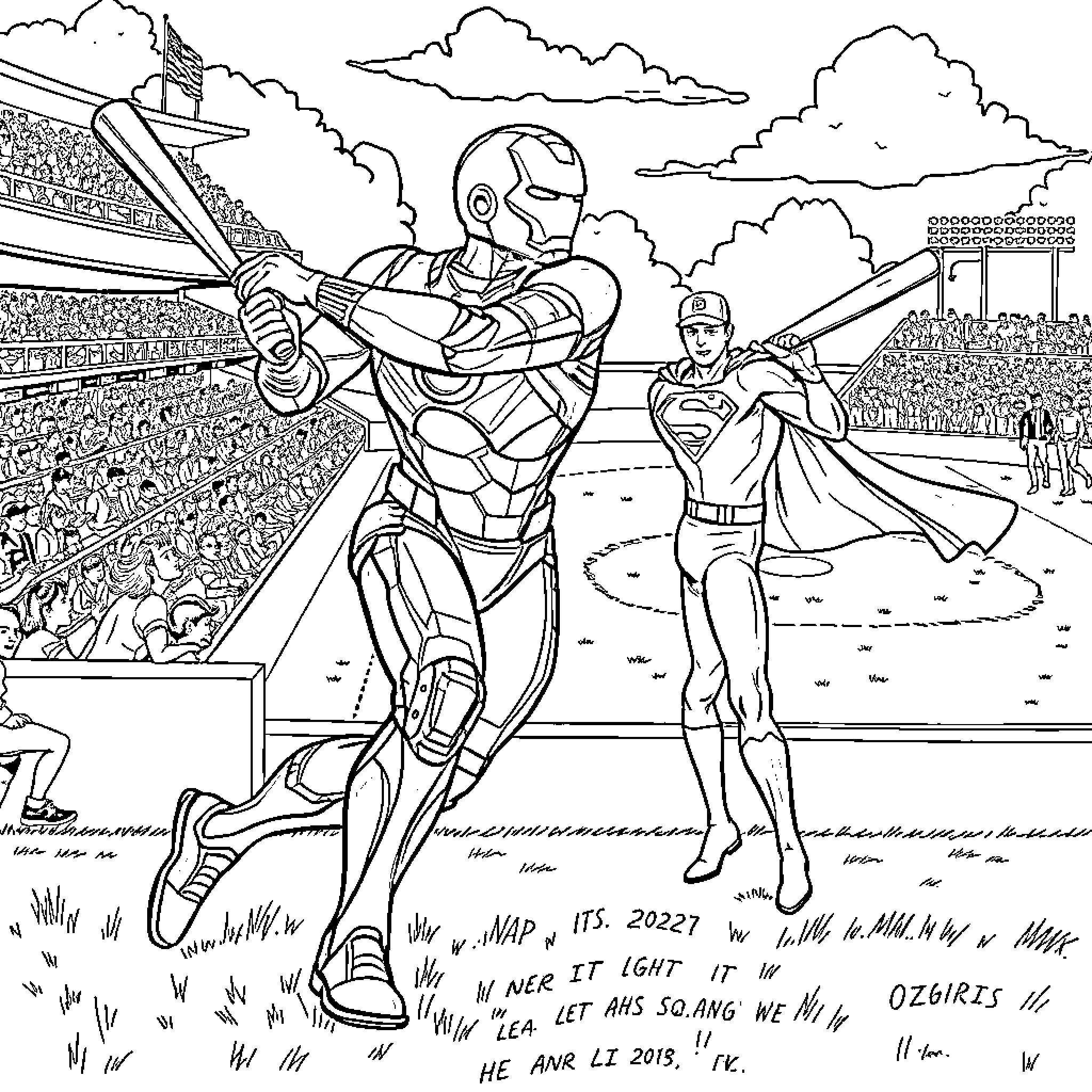 Ironman and Superman compete in a superhero showdown Coloring Page (free black-and-white line drawing printable PDF for all, from beginners to advanced learners, including children, teens, adults, and seniors)