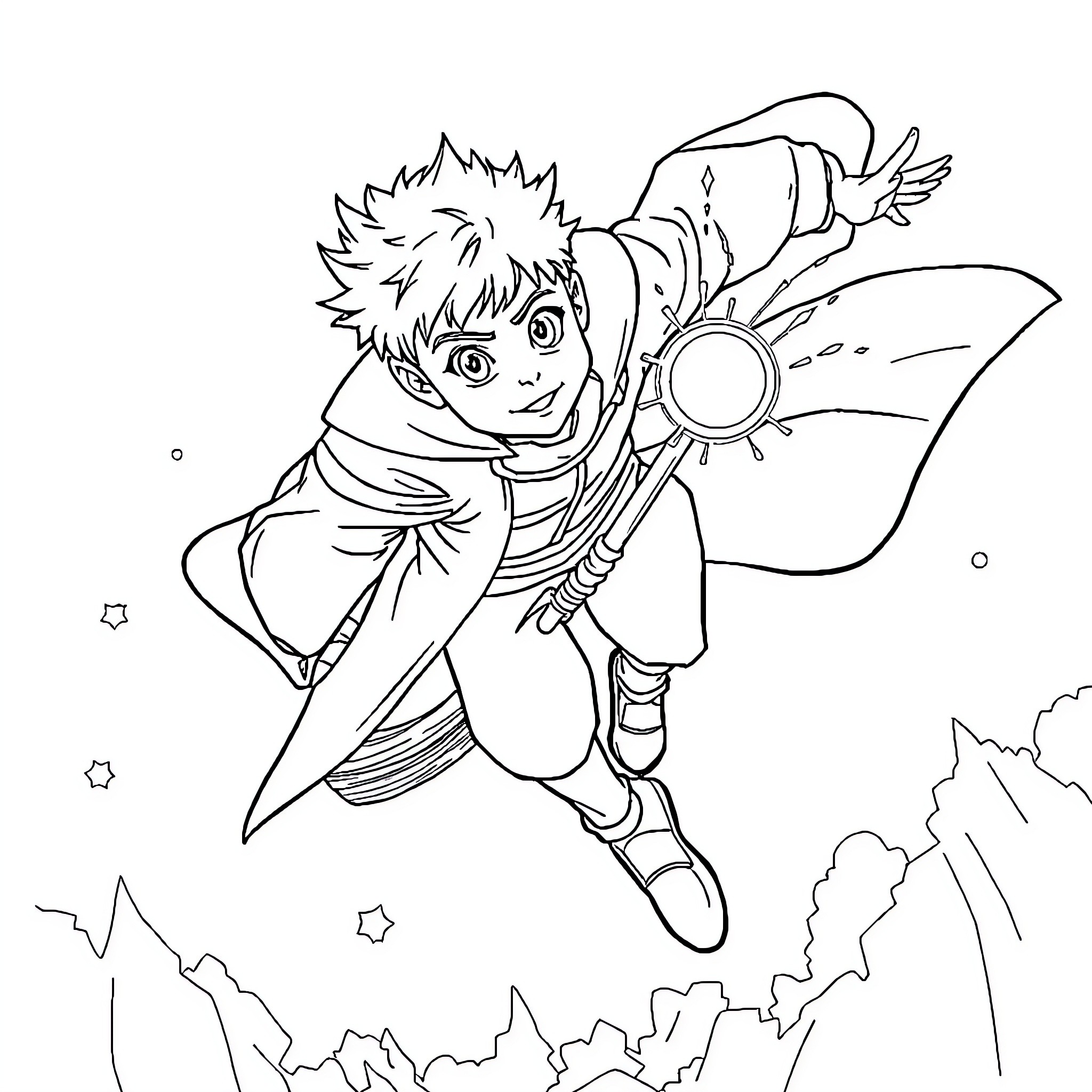 Draco Malfoy flying high with magical abilities Coloring Page (free black-and-white line drawing printable PDF for all, from beginners to advanced learners, including children, teens, adults, and seniors)