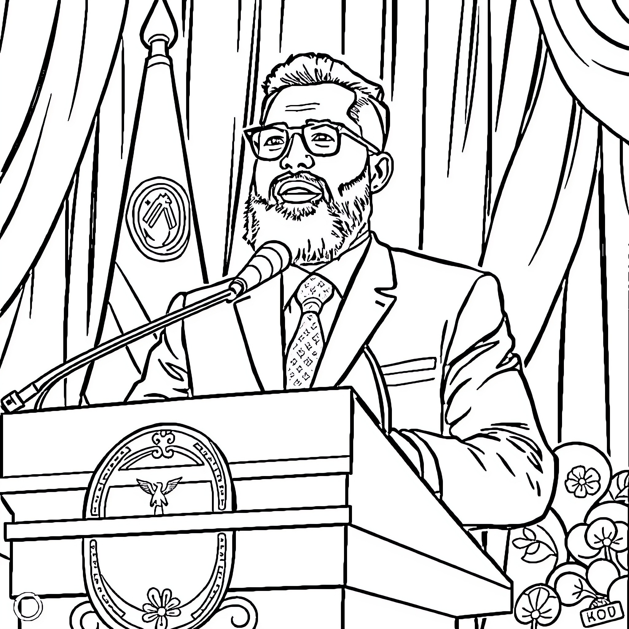 Nayib Bukele Addressing the Crowd at Podium Coloring Page (free black-and-white line drawing printable PDF for all, from beginners to advanced learners, including children, teens, adults, and seniors)