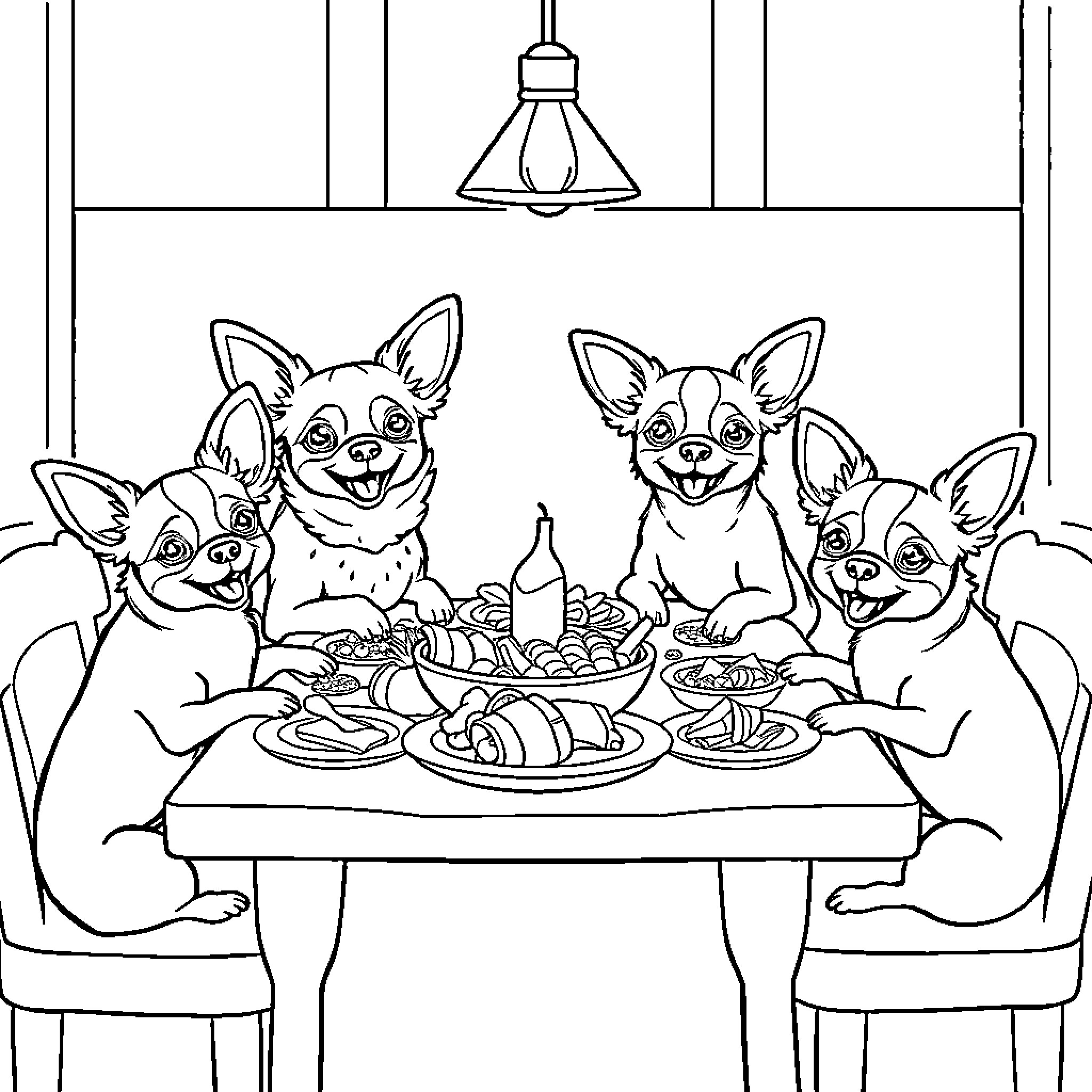 Chihuahuas enjoying a hearty meal together Coloring Page (free black-and-white line drawing printable PDF for all, from beginners to advanced learners, including children, teens, adults, and seniors)