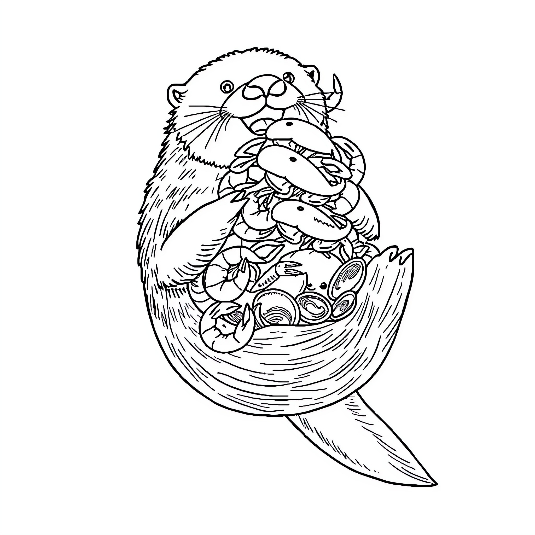 Sea Otter Enjoying a Tasty Meal Coloring Page (free black-and-white line drawing printable PDF for all, from beginners to advanced learners, including children, teens, adults, and seniors)