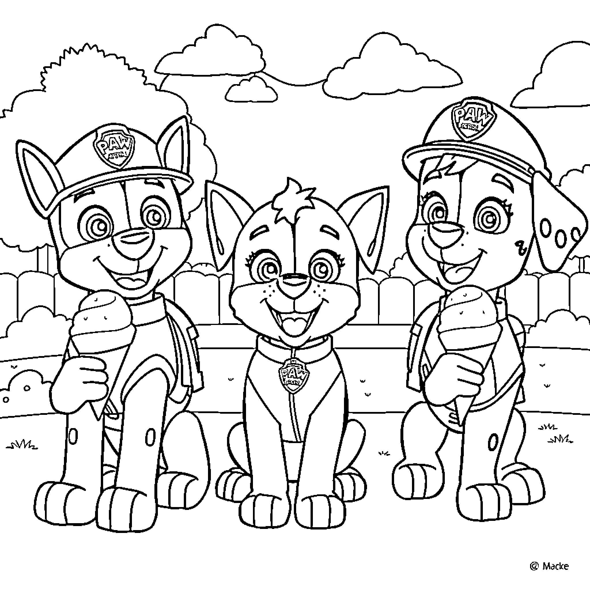 Paw Patrol pups on an adventure Coloring Page (free black-and-white line drawing printable PDF for all, from beginners to advanced learners, including children, teens, adults, and seniors)