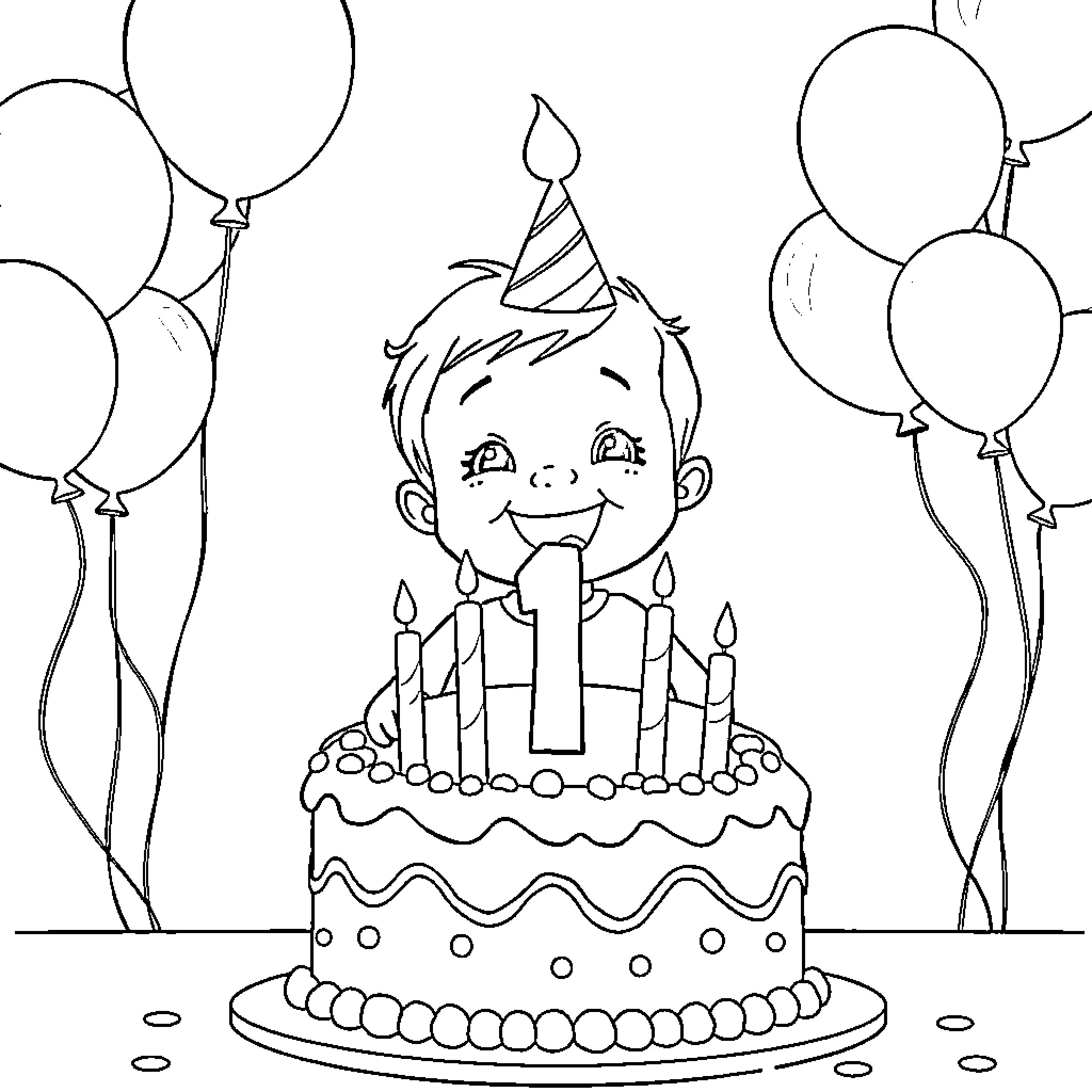 Kid celebrating birthday with cake and balloons Coloring Page (free black-and-white line drawing printable PDF for all, from beginners to advanced learners, including children, teens, adults, and seniors)