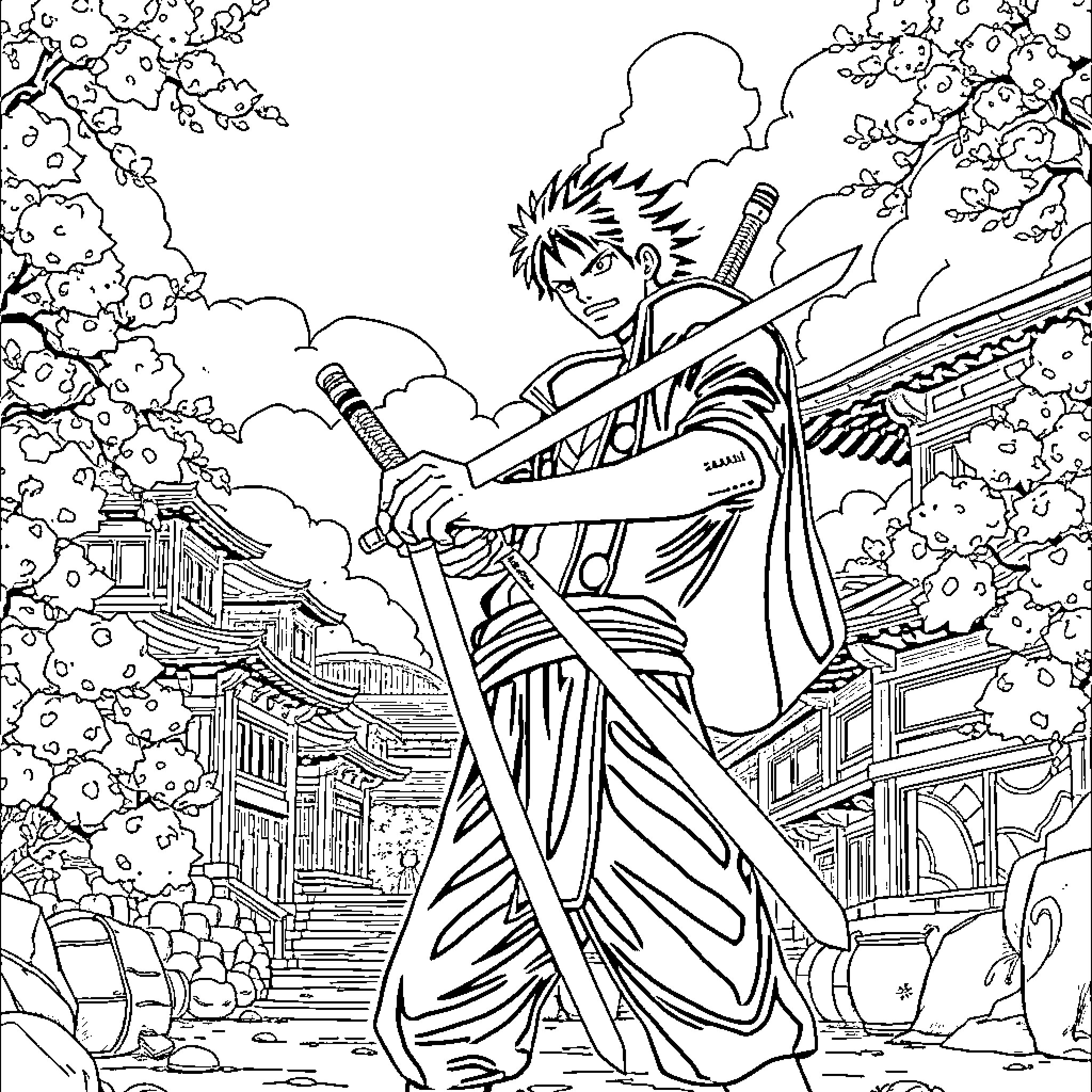 Zoro Wielding Swords in a Samurai Landscape Coloring Page (free black-and-white line drawing printable PDF for all, from beginners to advanced learners, including children, teens, adults, and seniors)