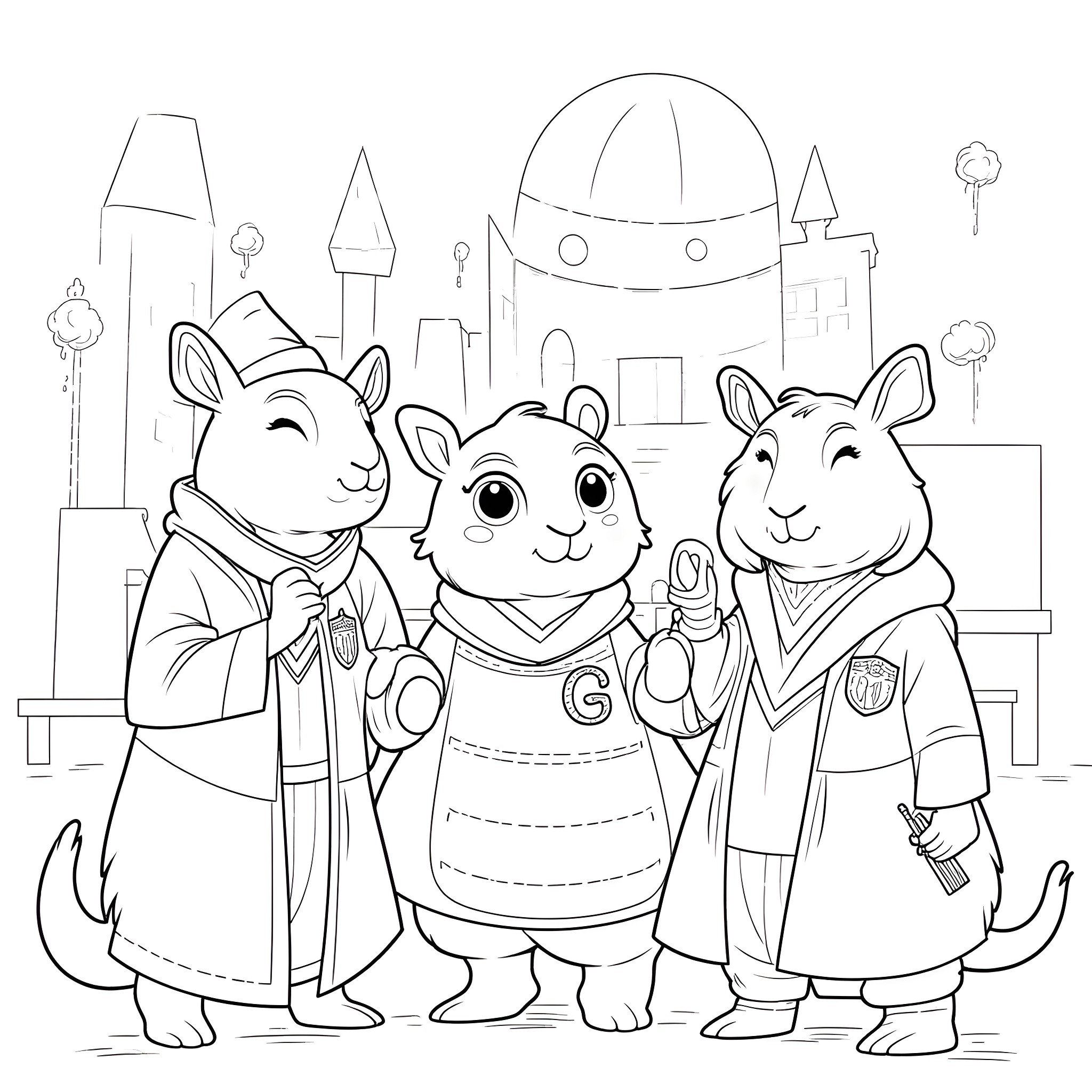 Capybara friends in medieval costumes Coloring Page (free black-and-white line drawing printable PDF for all, from beginners to advanced learners, including children, teens, adults, and seniors)