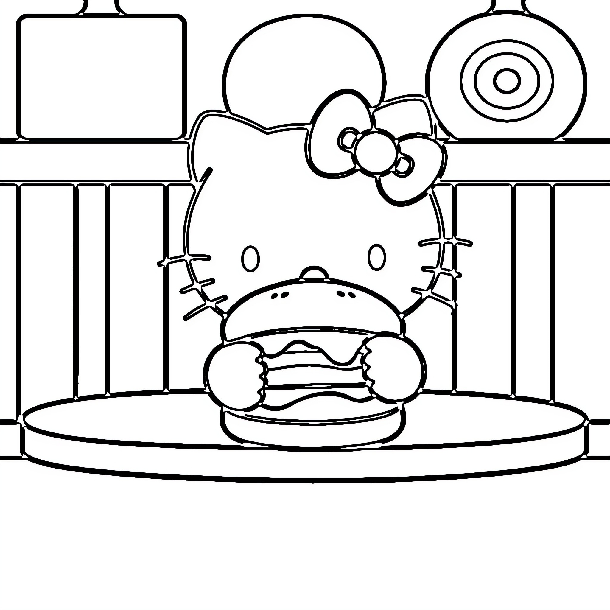 Hello Kitty enjoying a delicious burger Coloring Page (free black-and-white line drawing printable PDF for all, from beginners to advanced learners, including children, teens, adults, and seniors)