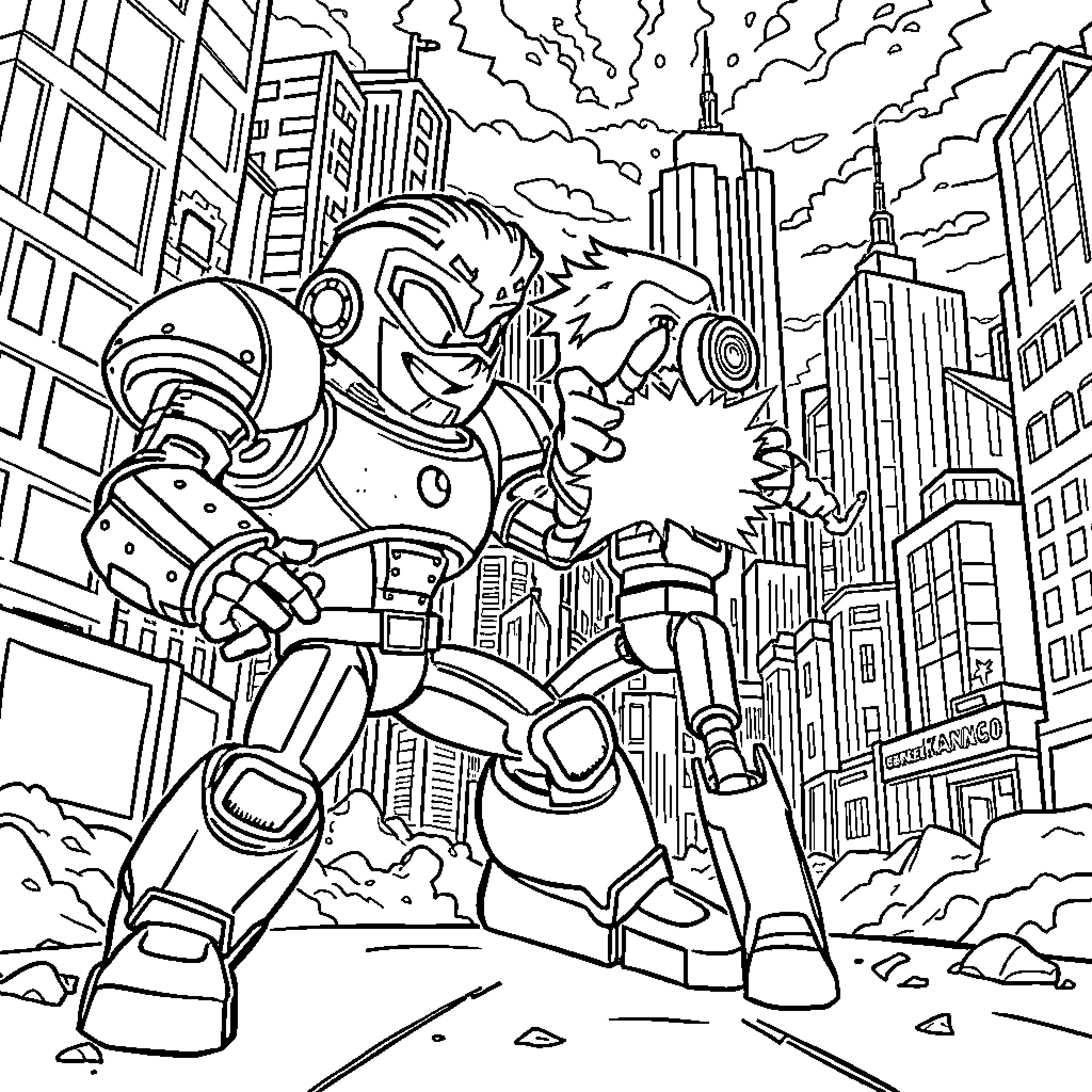 Kid Danger Fighting Villains in the City Coloring Page (free black-and-white line drawing printable PDF for all, from beginners to advanced learners, including children, teens, adults, and seniors)