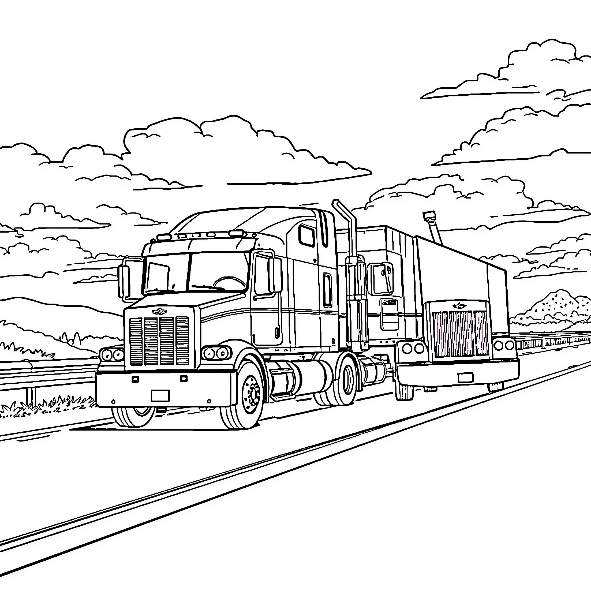 Tow Truck Hauling a Large Rig on the Open Road Coloring Page (free black-and-white line drawing printable PDF for all, from beginners to advanced learners, including children, teens, adults, and seniors)