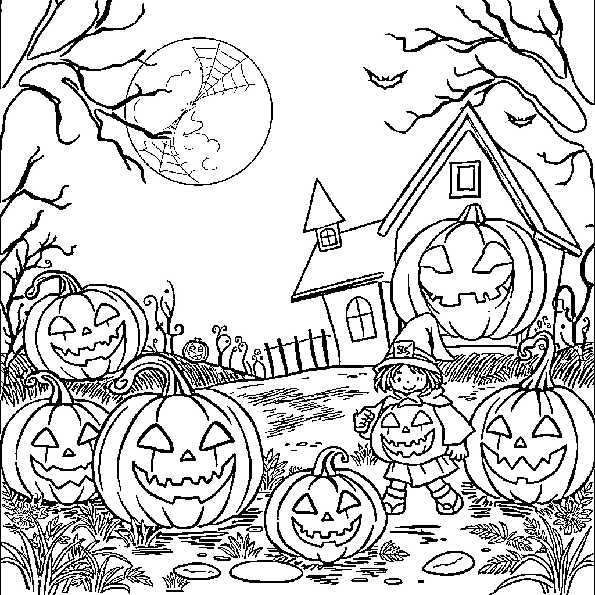 Halloween Pumpkin Patch Adventure Coloring Page (free black-and-white line drawing printable PDF for all, from beginners to advanced learners, including children, teens, adults, and seniors)