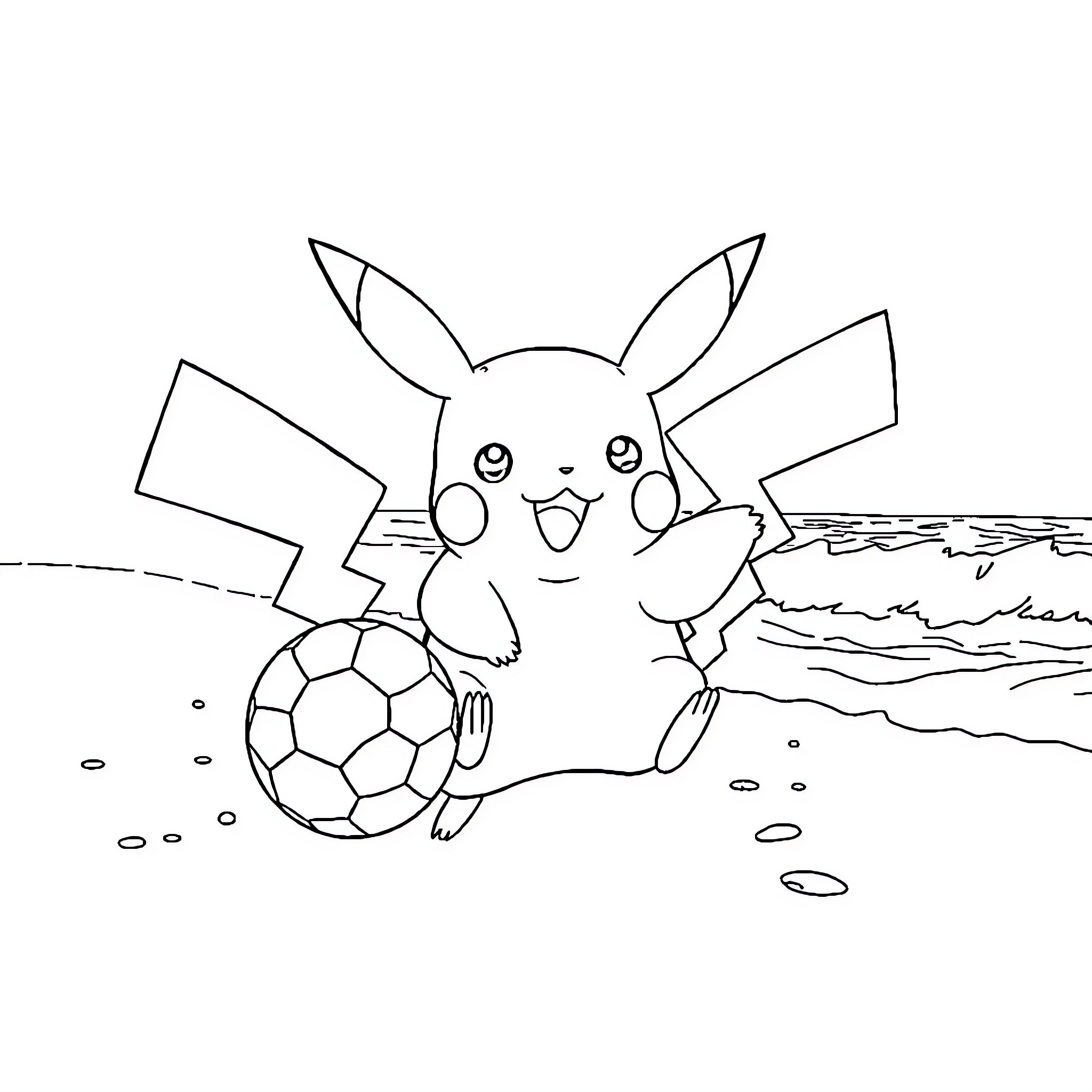 Pikachu playing with a soccer ball on the beach Coloring Page (free black-and-white line drawing printable PDF for all, from beginners to advanced learners, including children, teens, adults, and seniors)