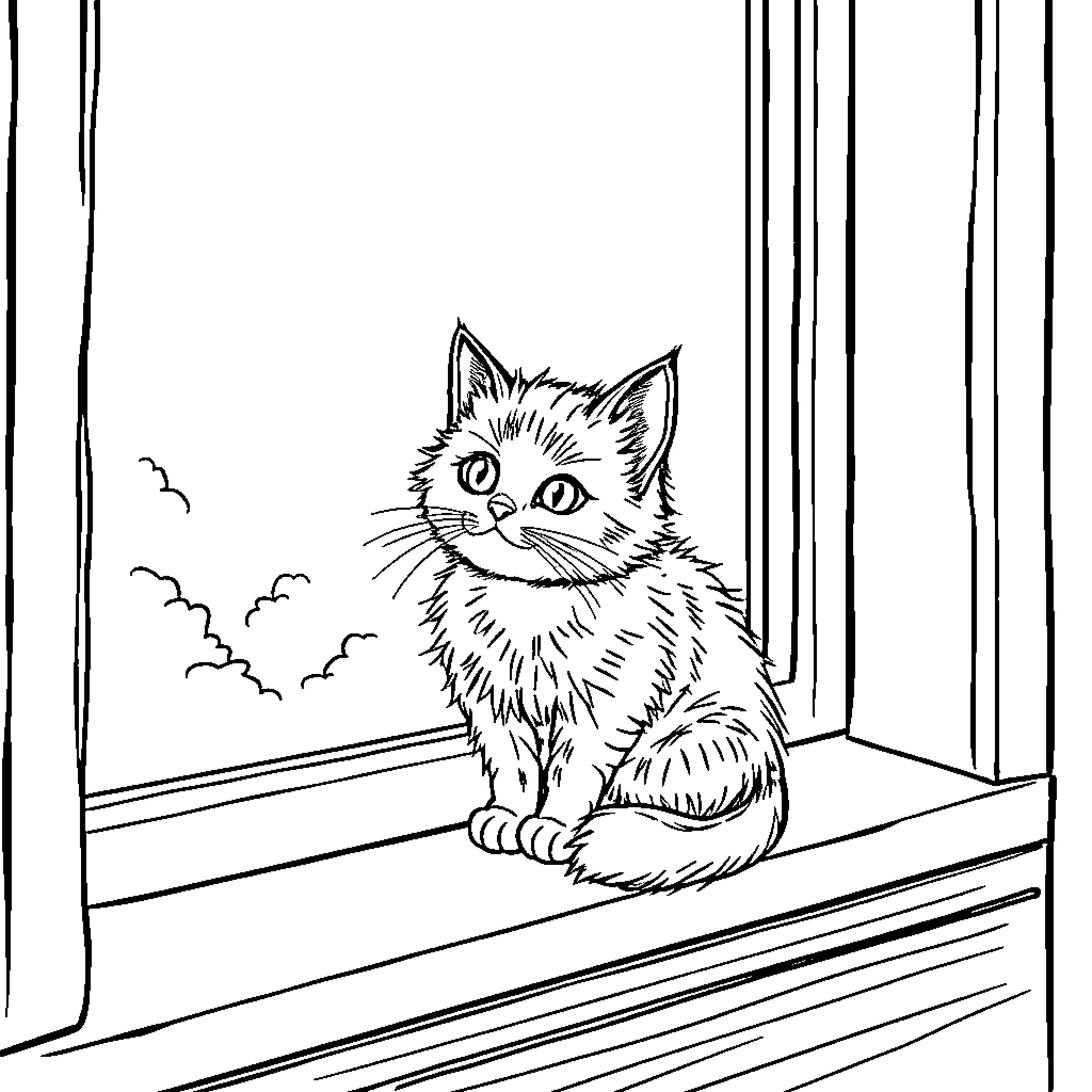 Cat gazing out the window Coloring Page (free black-and-white line drawing printable PDF for all, from beginners to advanced learners, including children, teens, adults, and seniors)