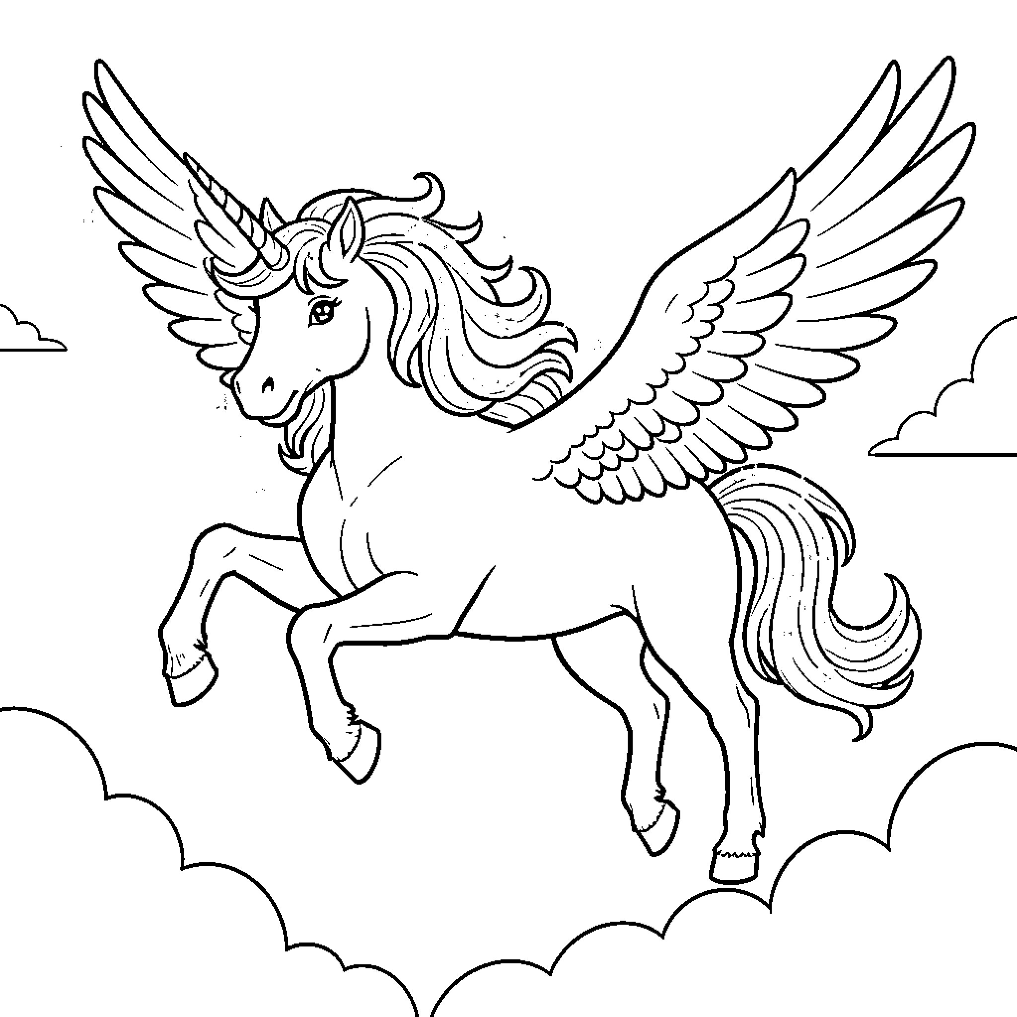 Flying Unicorn soaring through the clouds Coloring Page (free black-and-white line drawing printable PDF for all, from beginners to advanced learners, including children, teens, adults, and seniors)