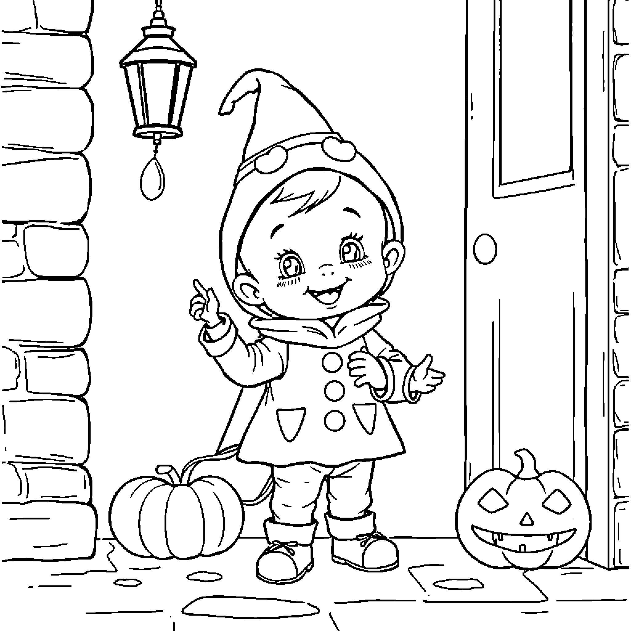 Baby Elf Exploring Halloween Scene Coloring Page (free black-and-white line drawing printable PDF for all, from beginners to advanced learners, including children, teens, adults, and seniors)