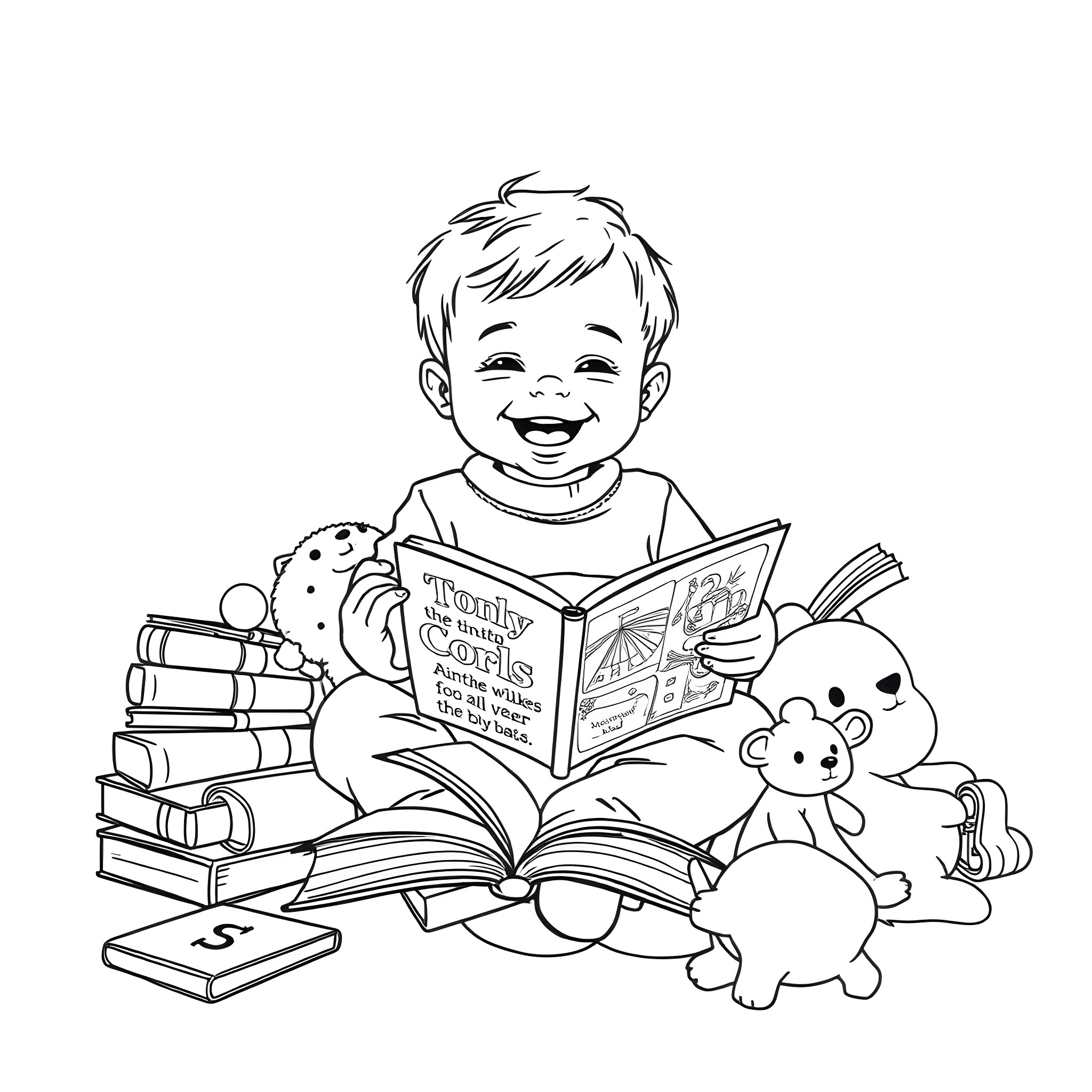 Boy happily reading books and playing with toys Coloring Page (free black-and-white line drawing printable PDF for all, from beginners to advanced learners, including children, teens, adults, and seniors)