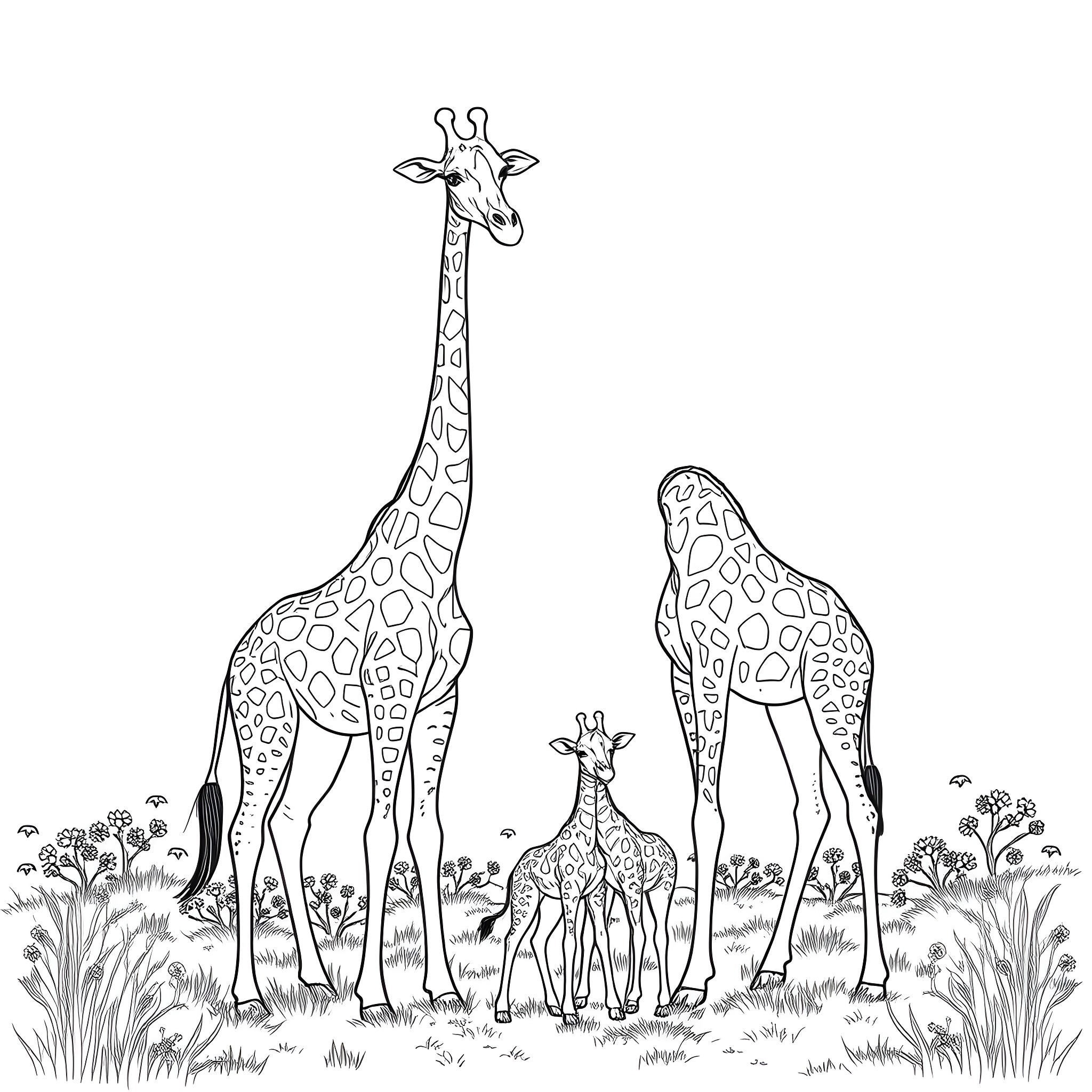 Giraffe family exploring the savanna landscape Coloring Page (free black-and-white line drawing printable PDF for all, from beginners to advanced learners, including children, teens, adults, and seniors)