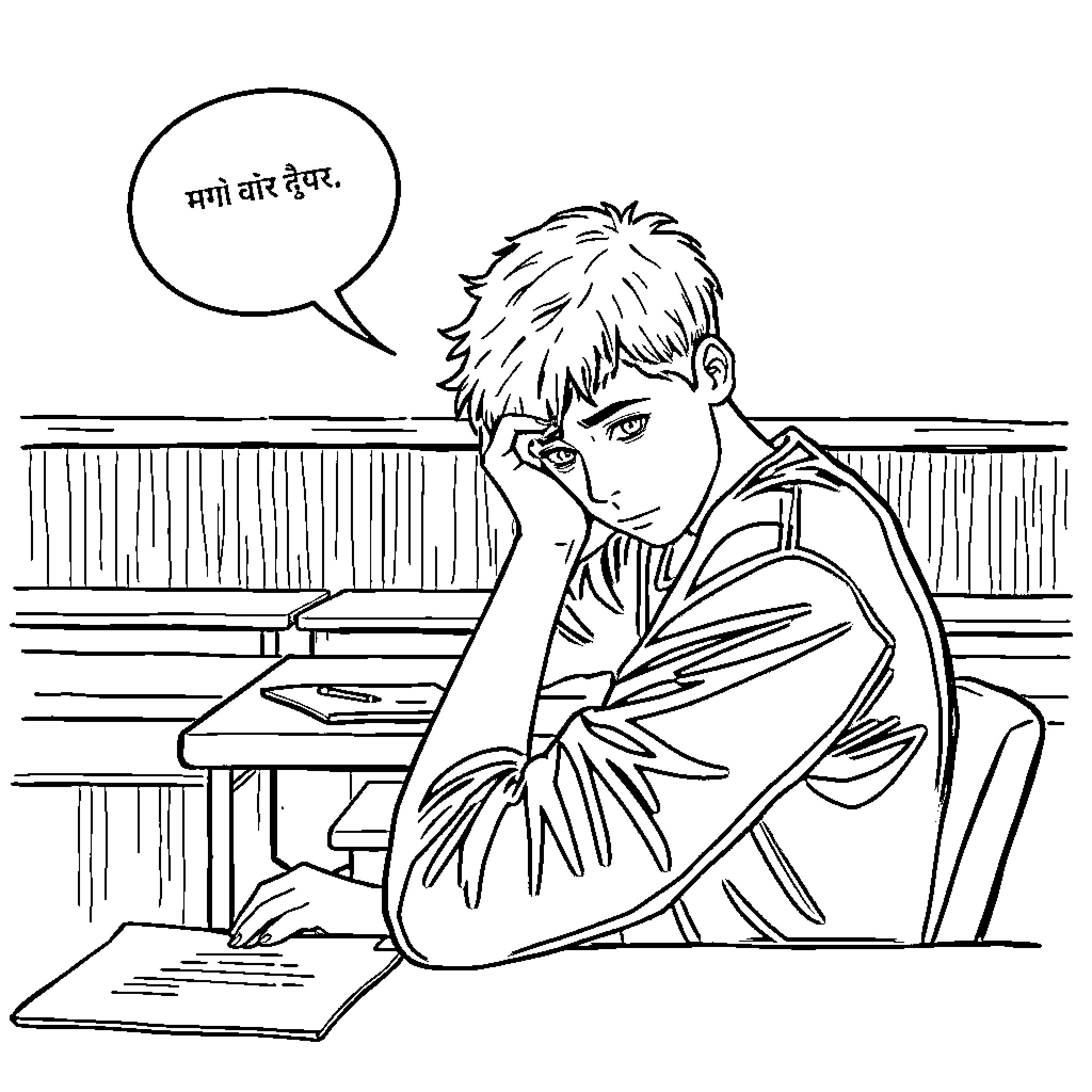 Boy sitting alone in a classroom, deep in thought Coloring Page (free black-and-white line drawing printable PDF for all, from beginners to advanced learners, including children, teens, adults, and seniors)