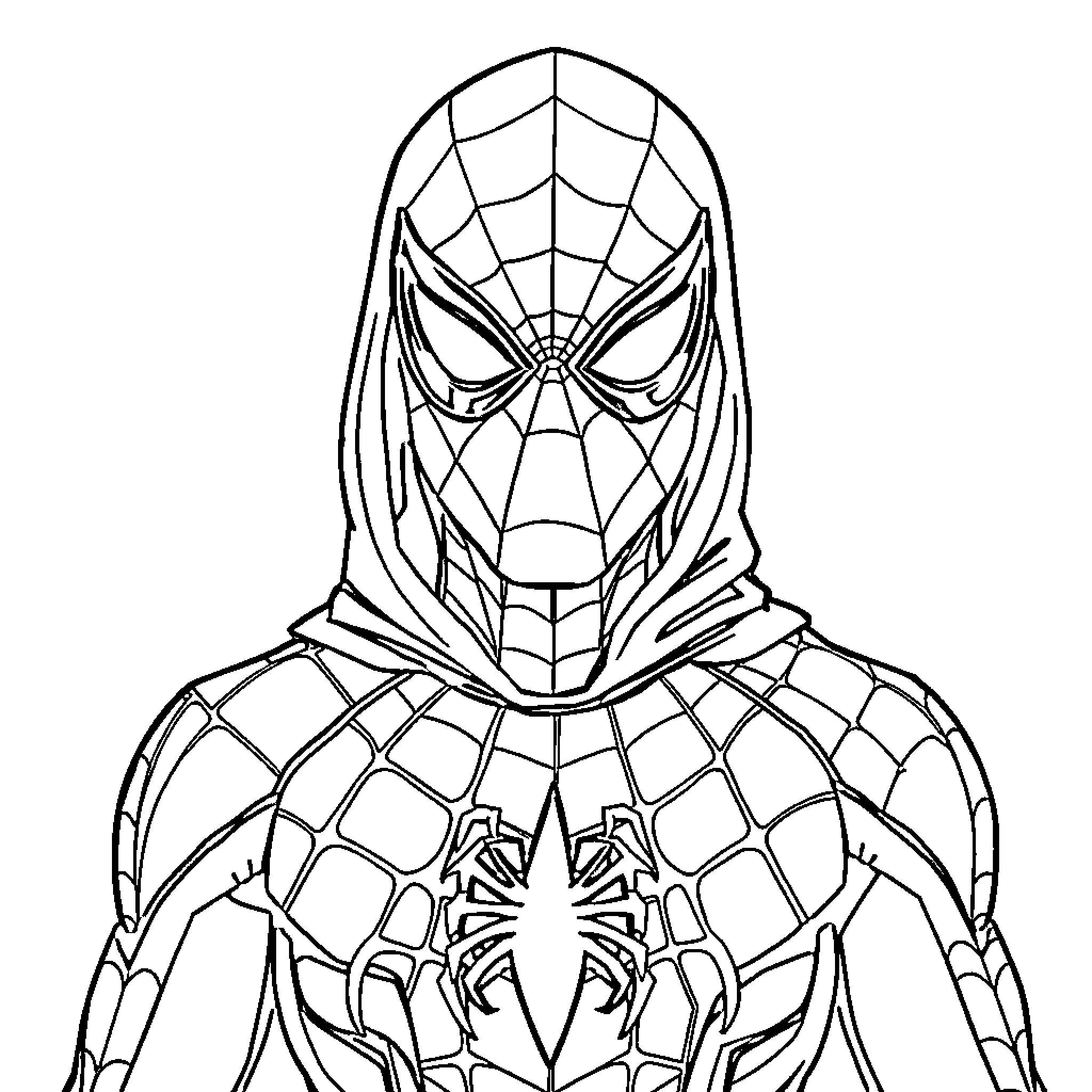Spiderman in superhero costume stance Coloring Page (free black-and-white line drawing printable PDF for all, from beginners to advanced learners, including children, teens, adults, and seniors)
