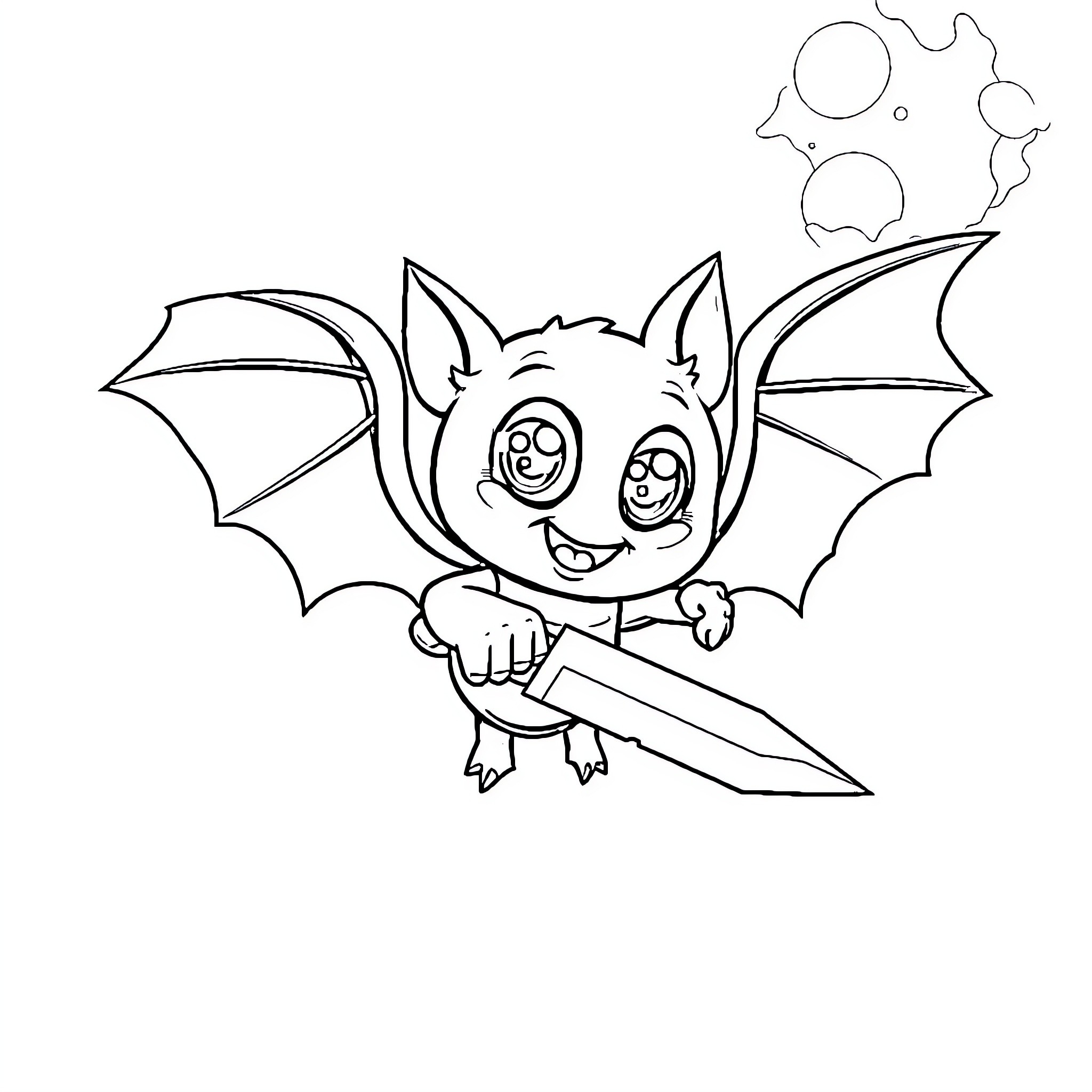 Bat smiling and holding a sword Coloring Page (free black-and-white line drawing printable PDF for all, from beginners to advanced learners, including children, teens, adults, and seniors)
