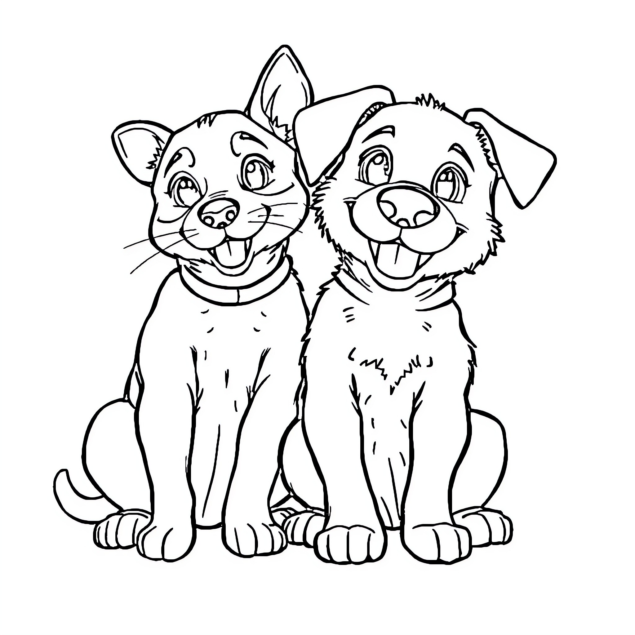 Cat and Dog sitting together happily Coloring Page (free black-and-white line drawing printable PDF for all, from beginners to advanced learners, including children, teens, adults, and seniors)