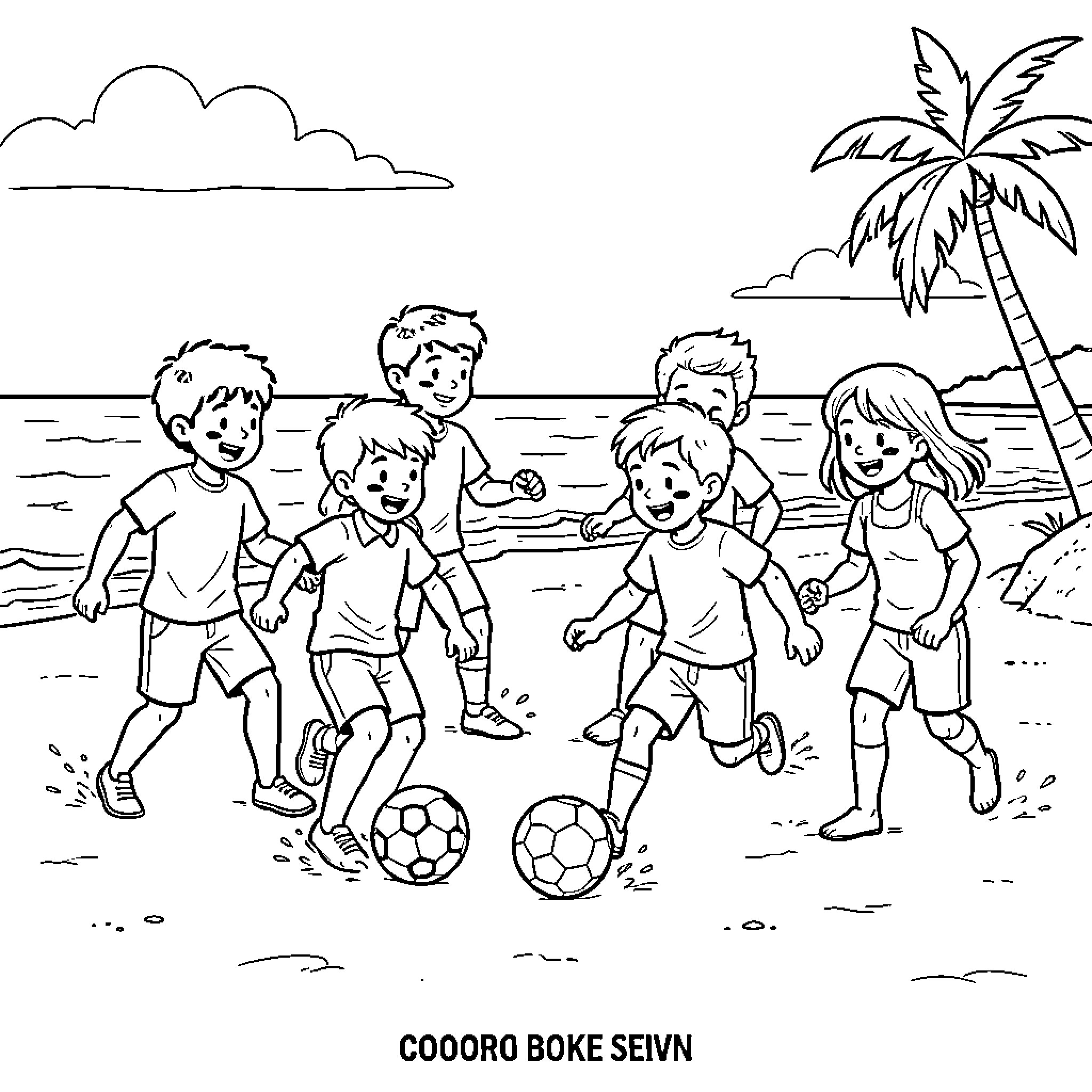 Child group playing soccer on a sunny beach Coloring Page (free black-and-white line drawing printable PDF for all, from beginners to advanced learners, including children, teens, adults, and seniors)
