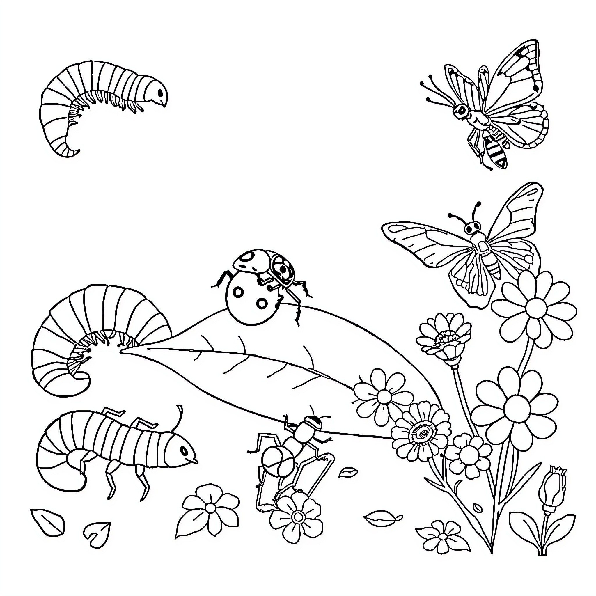 Insect creatures in a floral scene Coloring Page (free black-and-white line drawing printable PDF for all, from beginners to advanced learners, including children, teens, adults, and seniors)