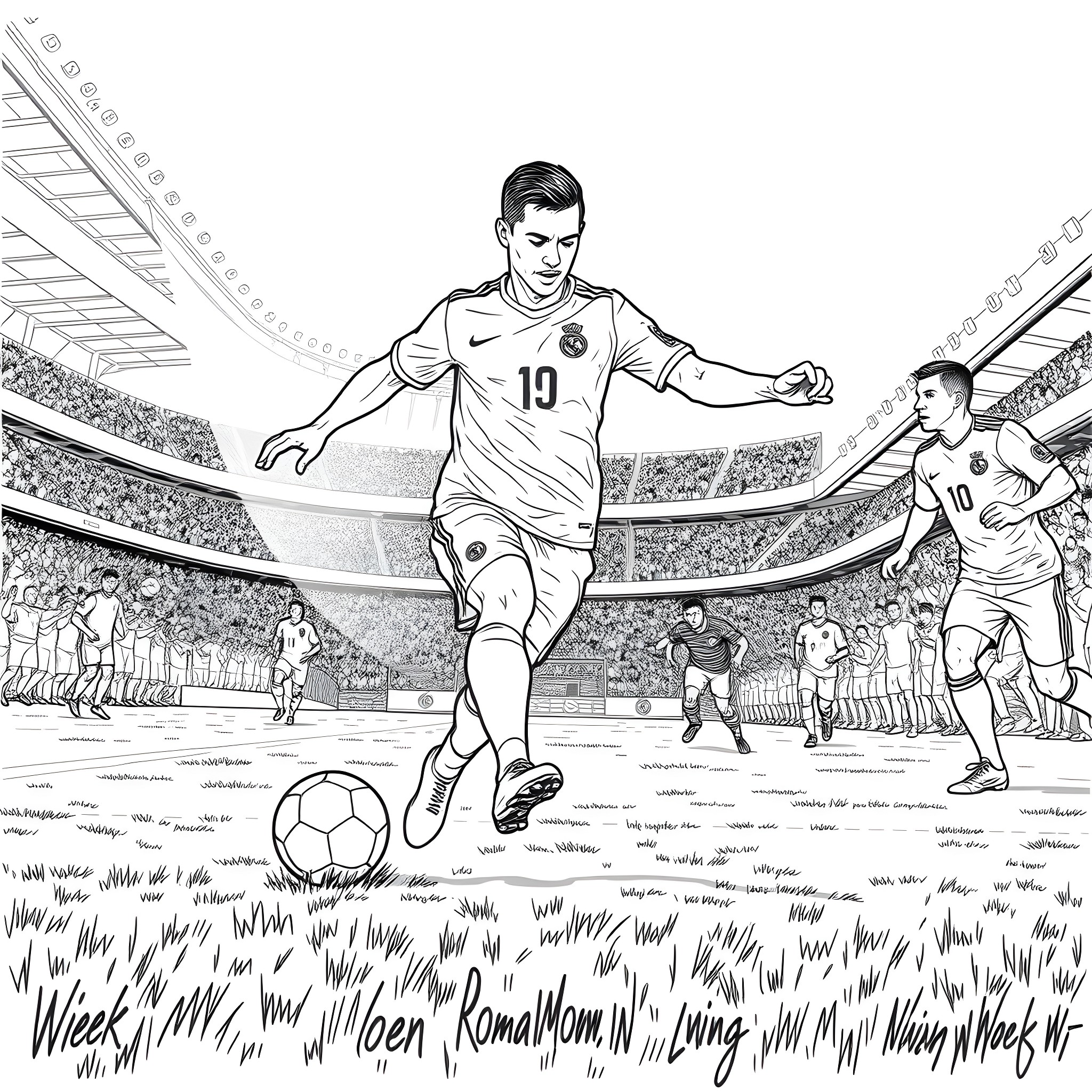 Ronaldo Controlling the Ball on the Field Coloring Page (free black-and-white line drawing printable PDF for all, from beginners to advanced learners, including children, teens, adults, and seniors)