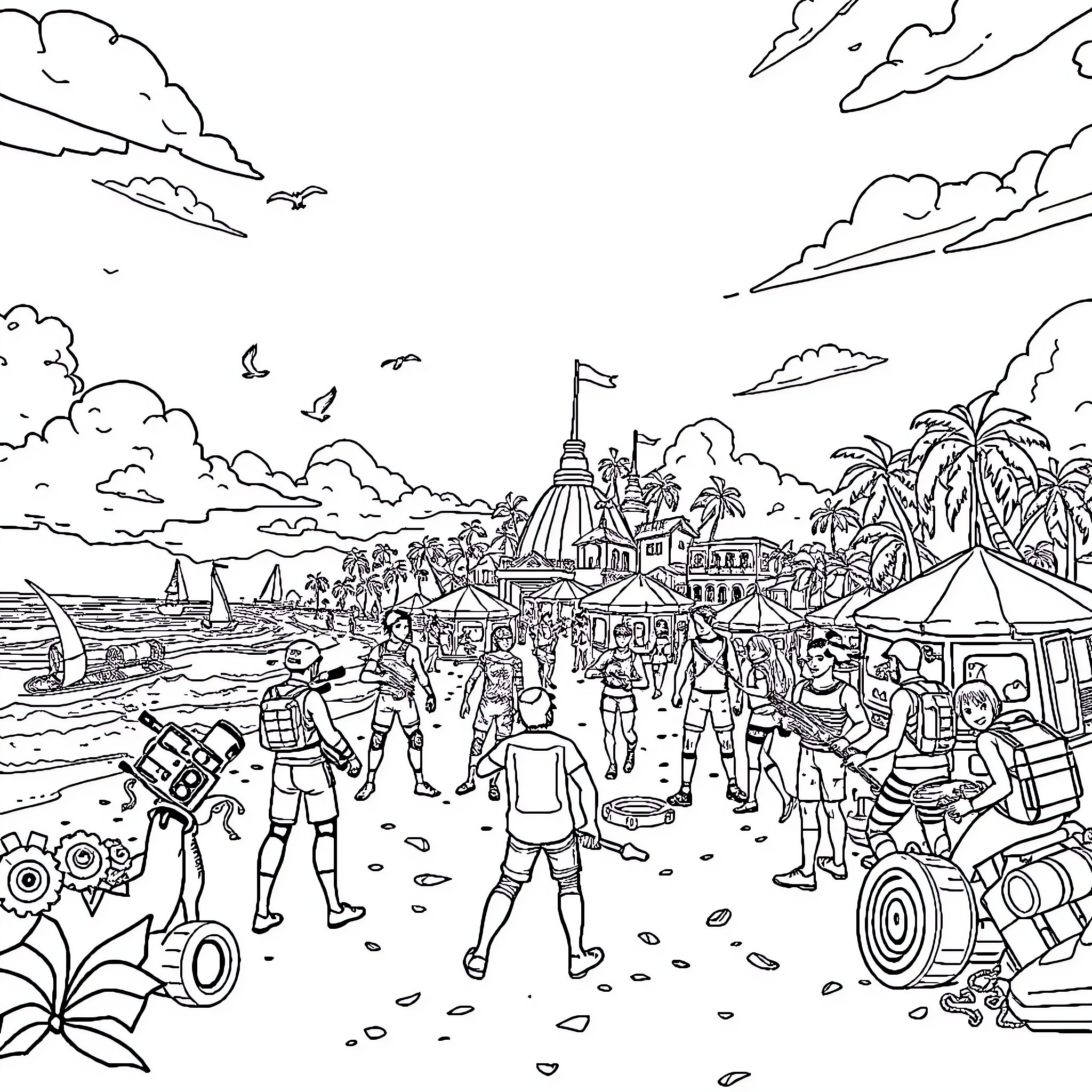 Fortnite characters enjoying a tropical beach scene Coloring Page (free black-and-white line drawing printable PDF for all, from beginners to advanced learners, including children, teens, adults, and seniors)
