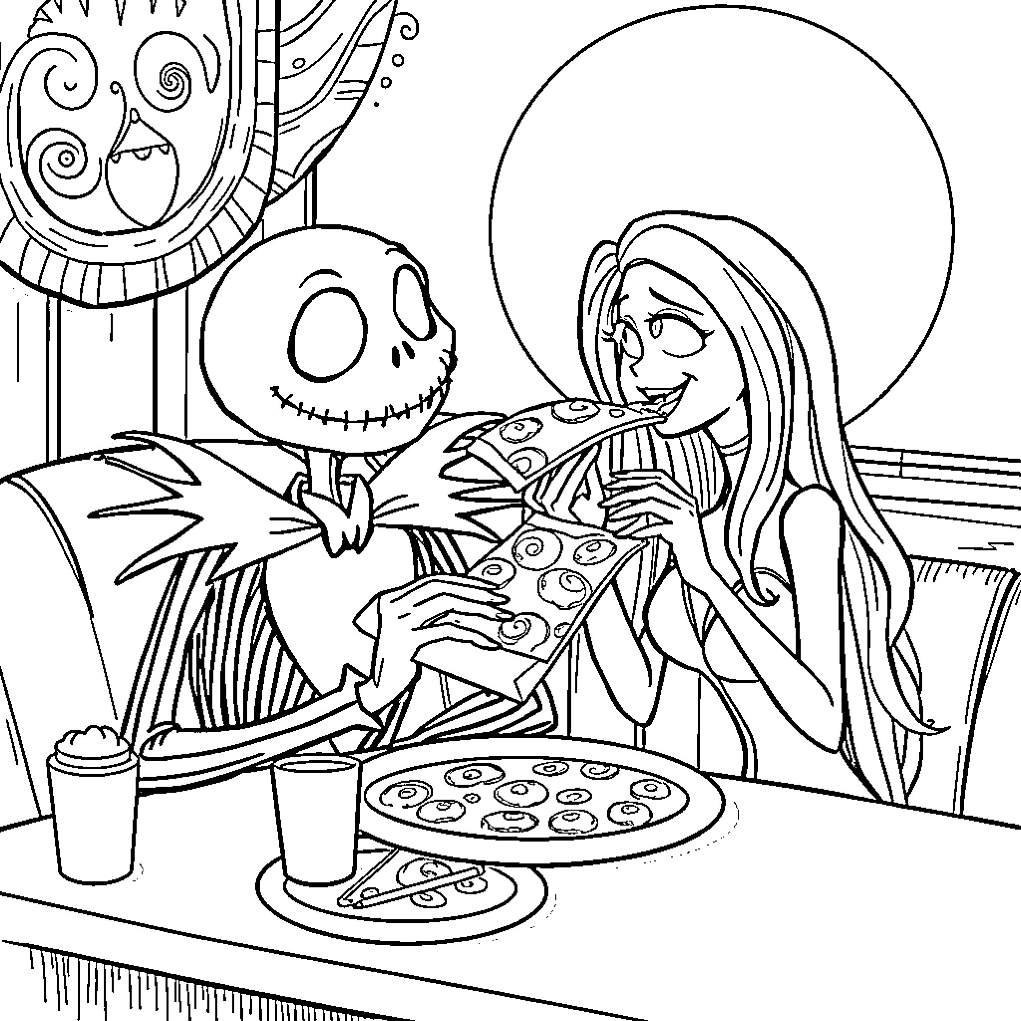 Jack Skellington and Sally Enjoying Pizza Night Together Coloring Page (free black-and-white line drawing printable PDF for all, from beginners to advanced learners, including children, teens, adults, and seniors)