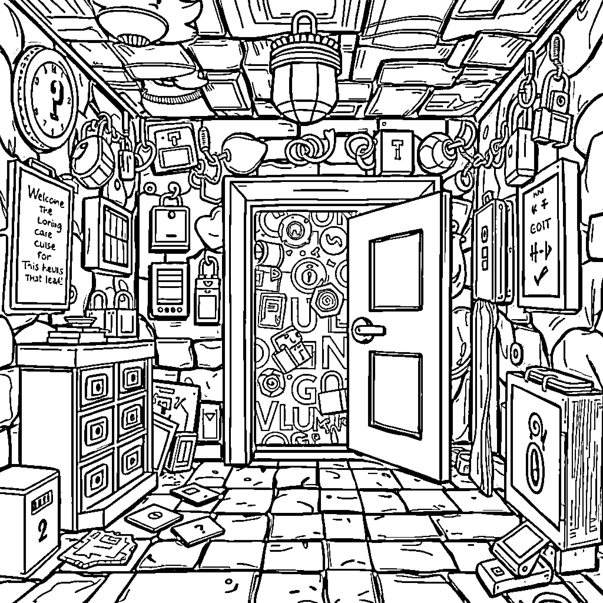 Escape Room of Puzzles and Mysteries Coloring Page (free black-and-white line drawing printable PDF for all, from beginners to advanced learners, including children, teens, adults, and seniors)